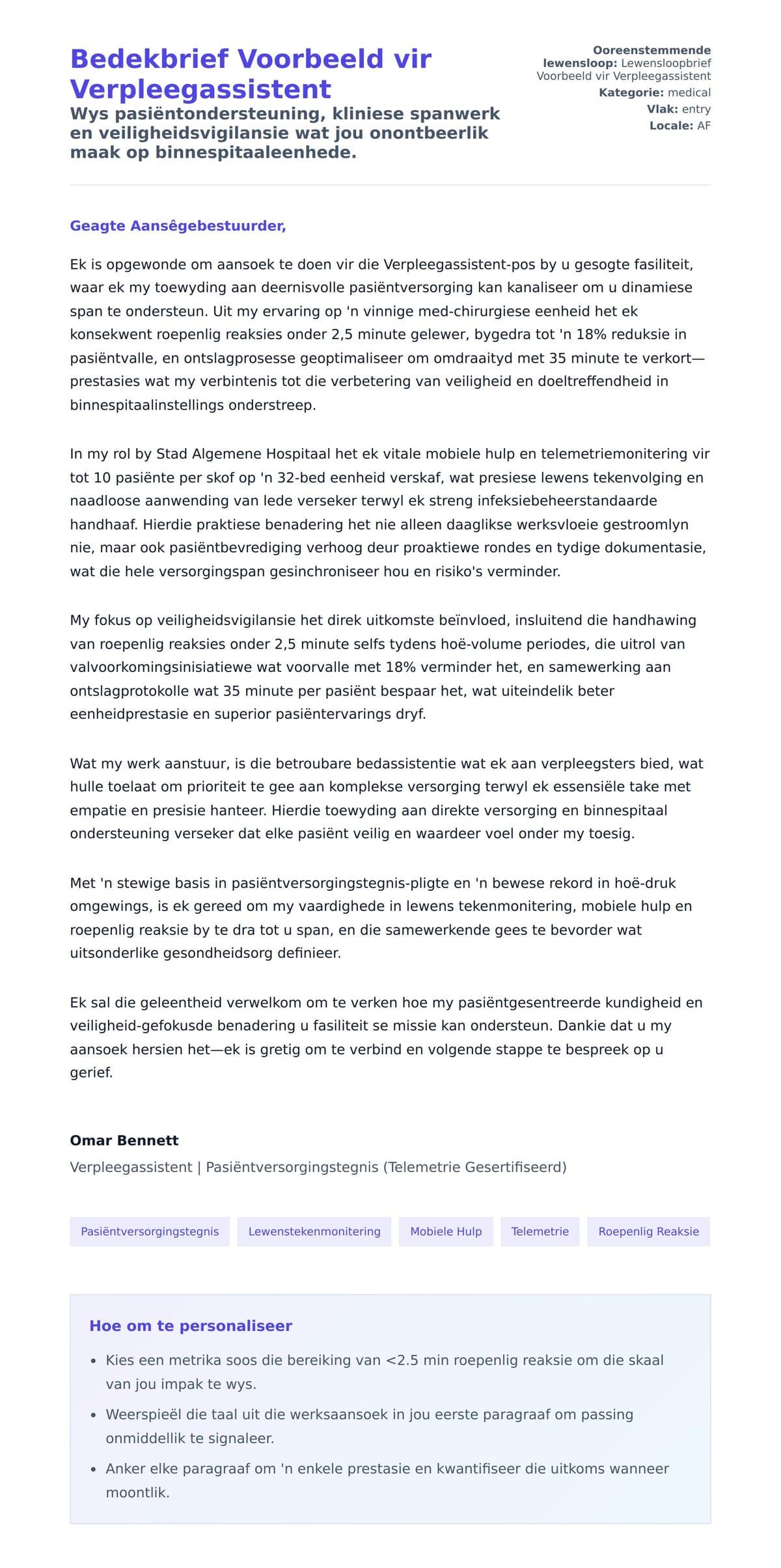 Solbrief-voorskou vir Bedekbrief Voorbeeld vir Verpleegassistent