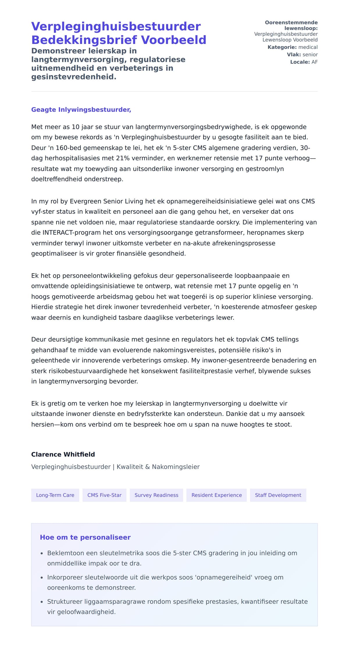 Solbrief-voorskou vir Verpleginghuisbestuurder Bedekkingsbrief Voorbeeld