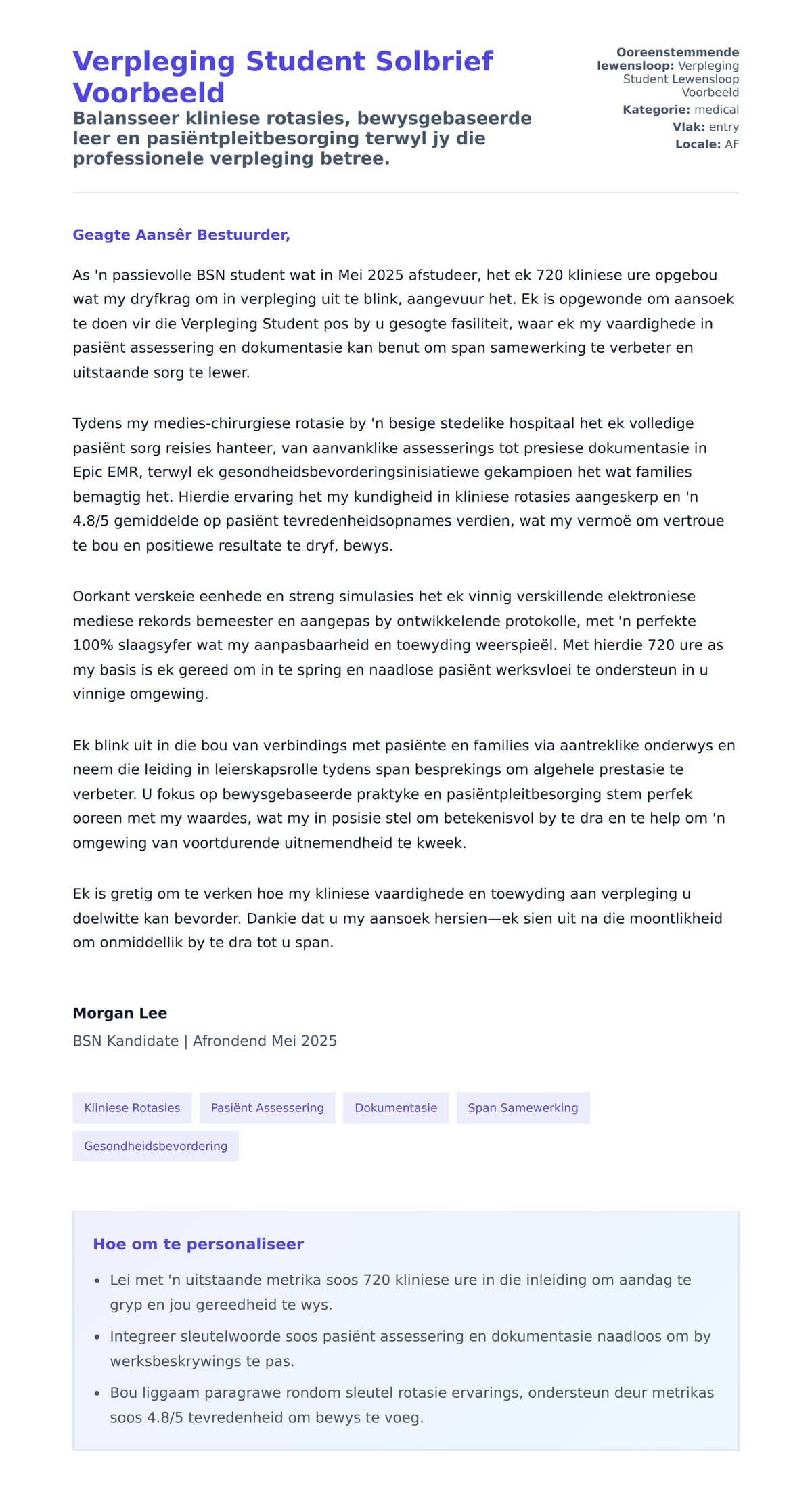 Solbrief-voorskou vir Verpleging Student Solbrief Voorbeeld