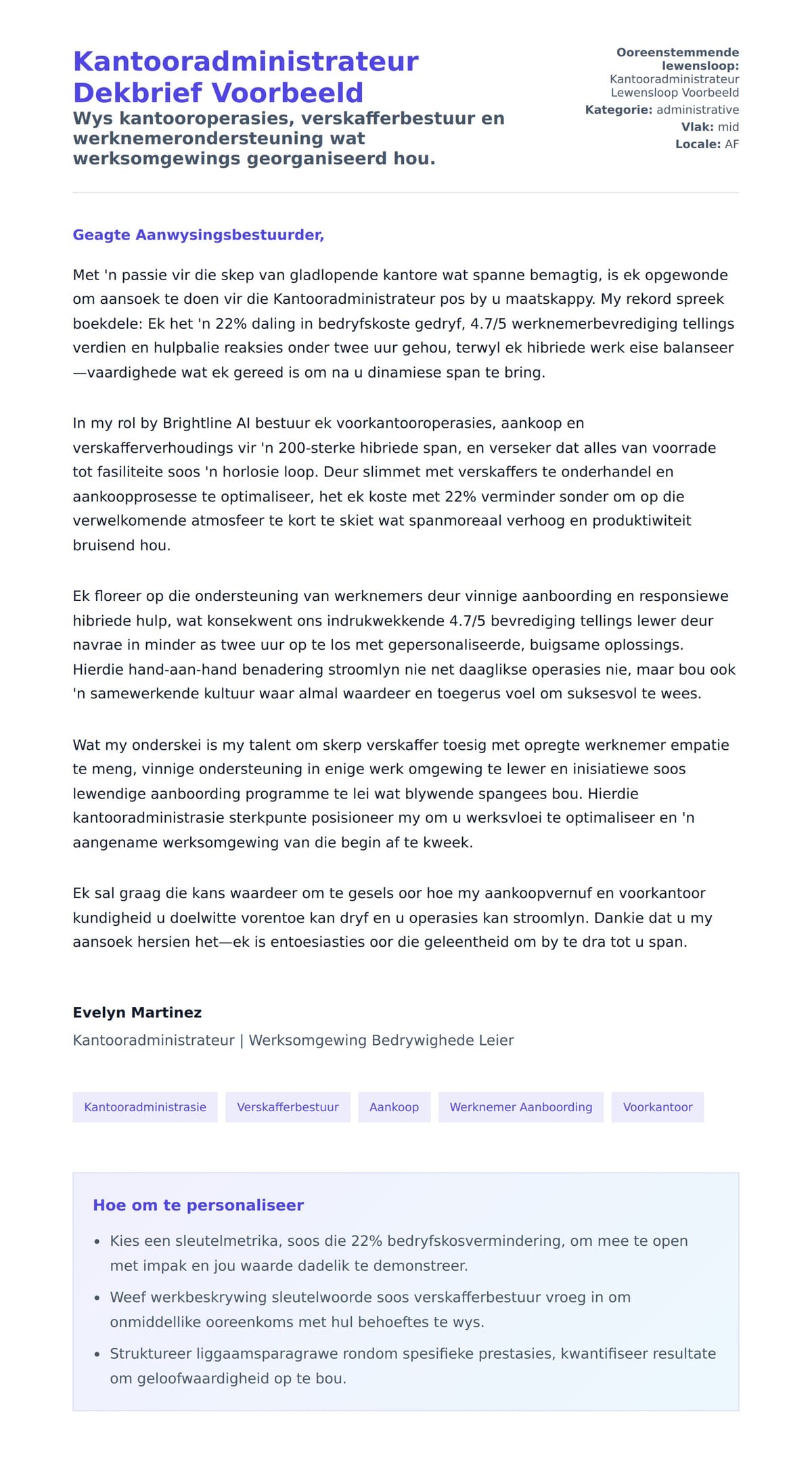 Solbrief-voorskou vir Kantooradministrateur Dekbrief Voorbeeld