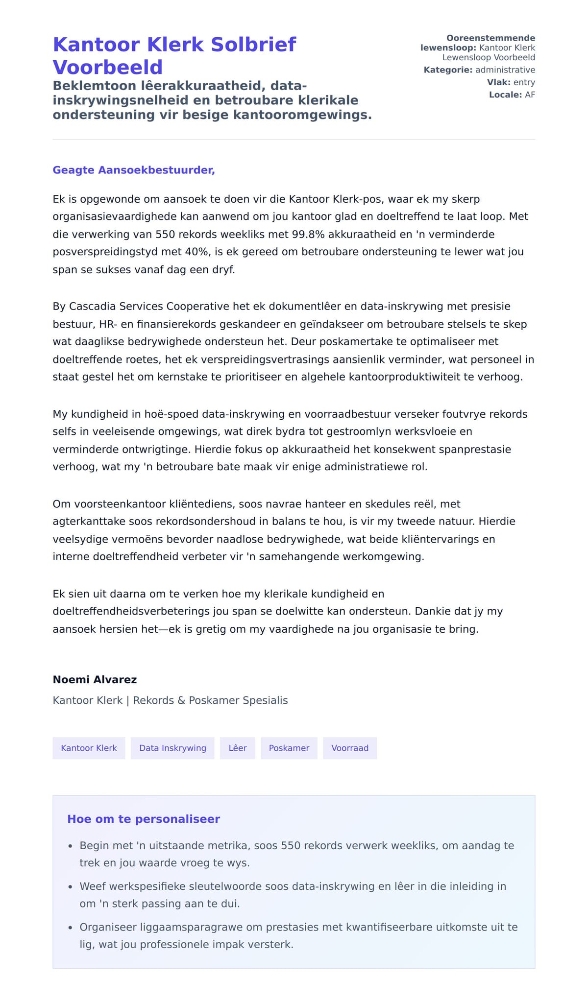 Solbrief-voorskou vir Kantoor Klerk Solbrief Voorbeeld