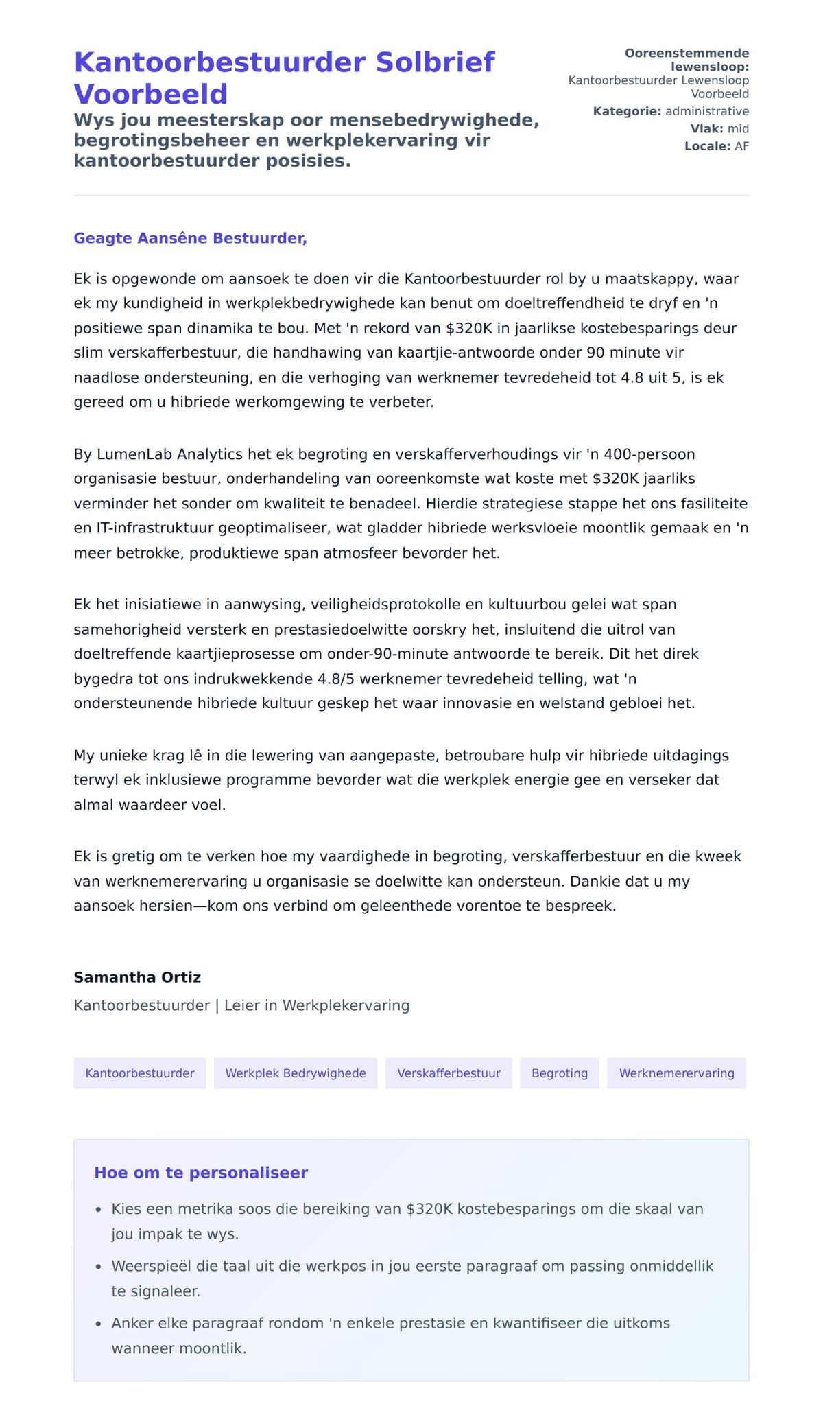 Solbrief-voorskou vir Kantoorbestuurder Solbrief Voorbeeld