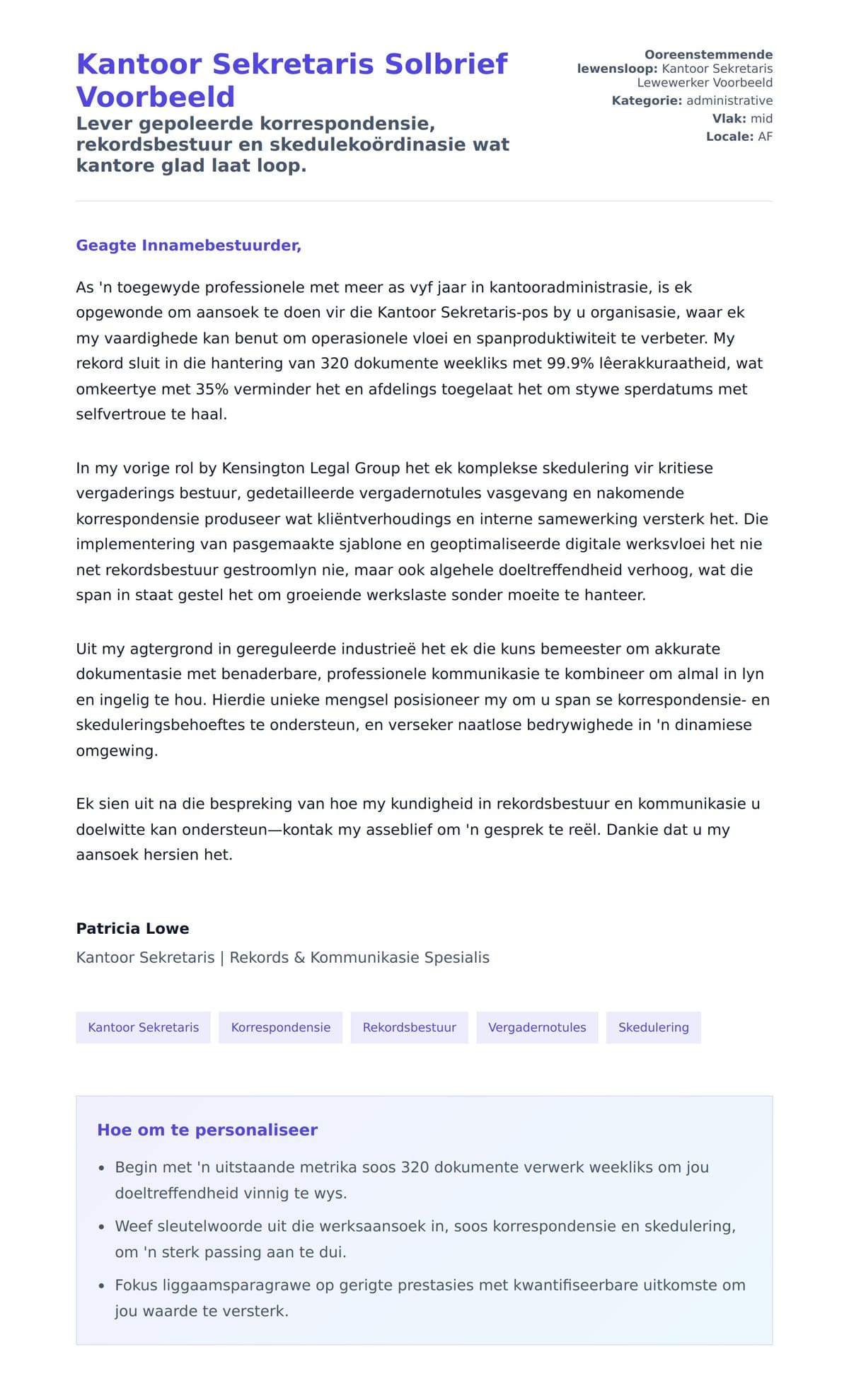 Kantoor Sekretaris Solbrief Voorbeeld