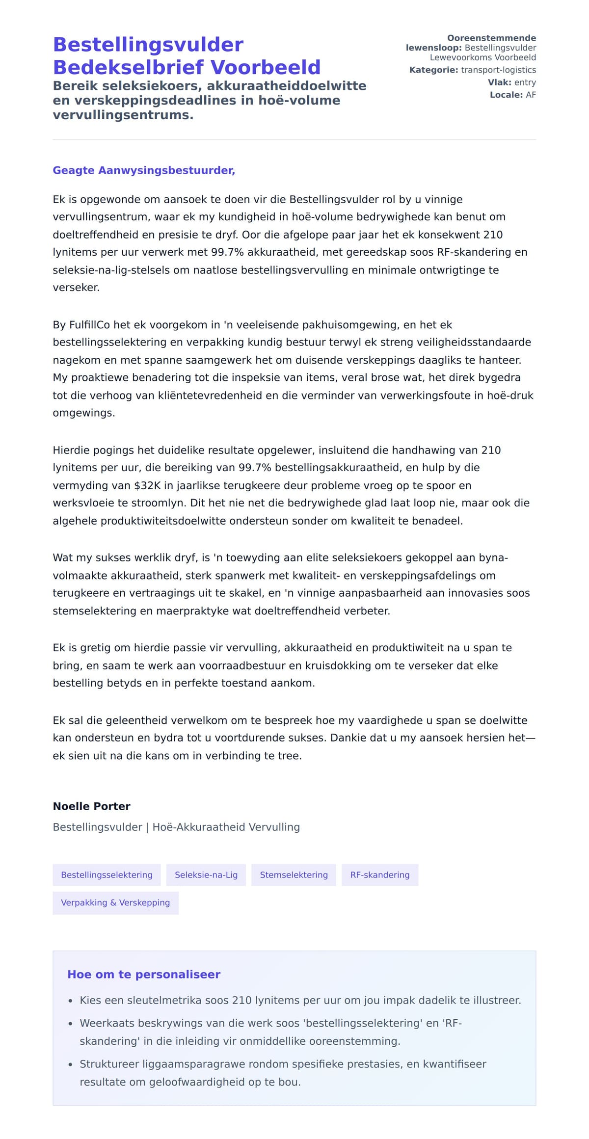 Solbrief-voorskou vir Bestellingsvulder Bedekselbrief Voorbeeld