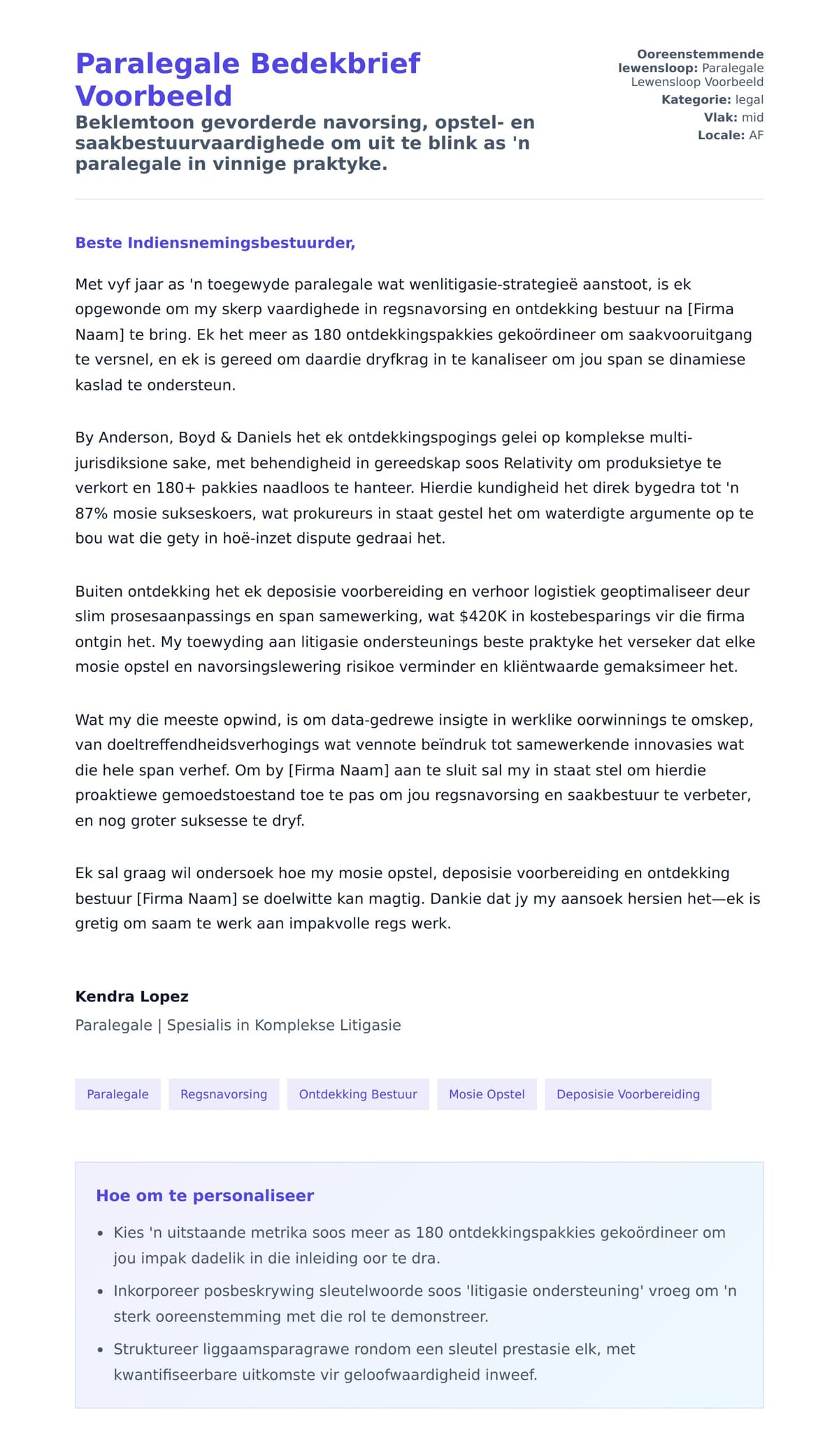 Solbrief-voorskou vir Paralegale Bedekbrief Voorbeeld