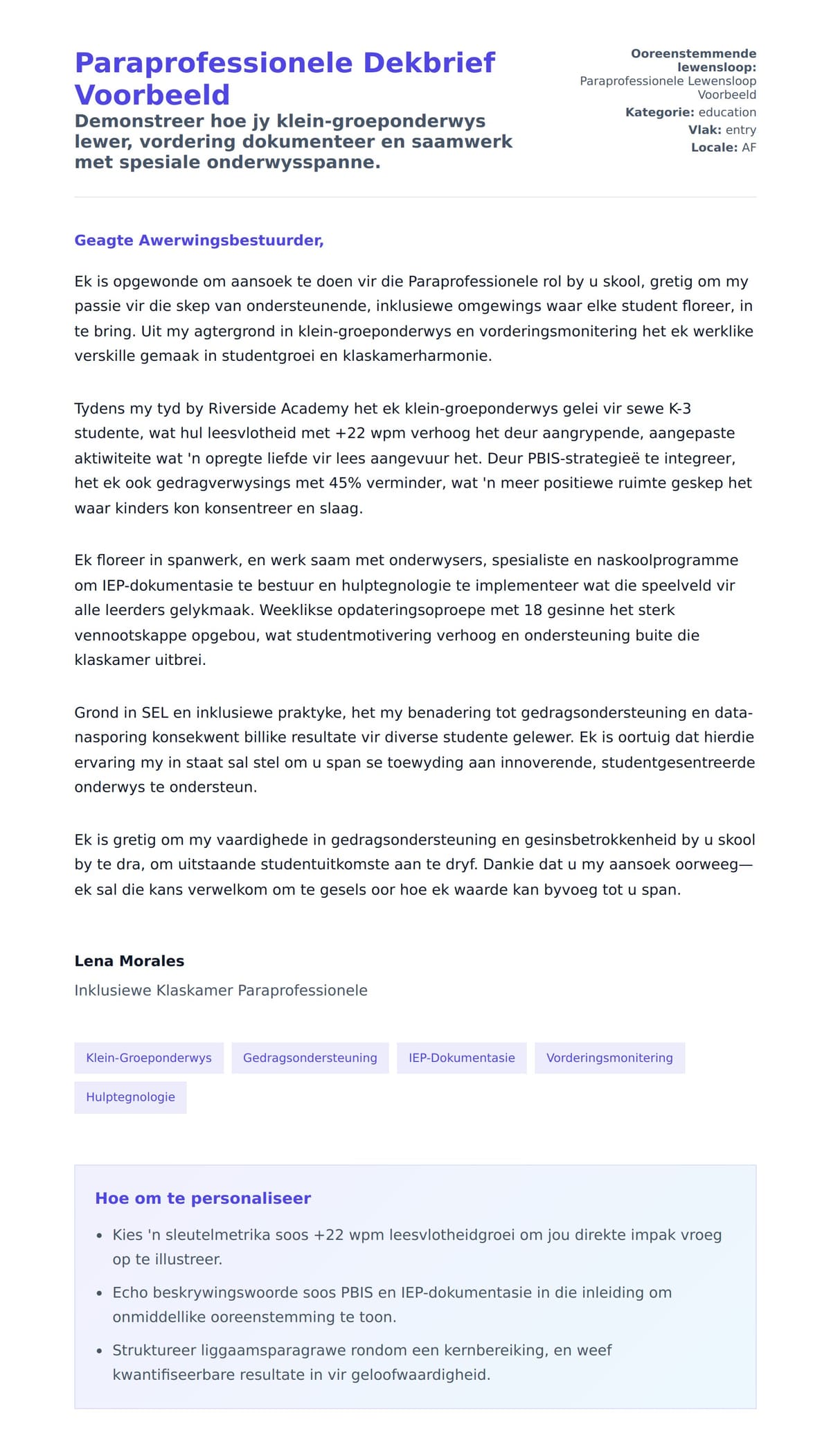 Solbrief-voorskou vir Paraprofessionele Dekbrief Voorbeeld