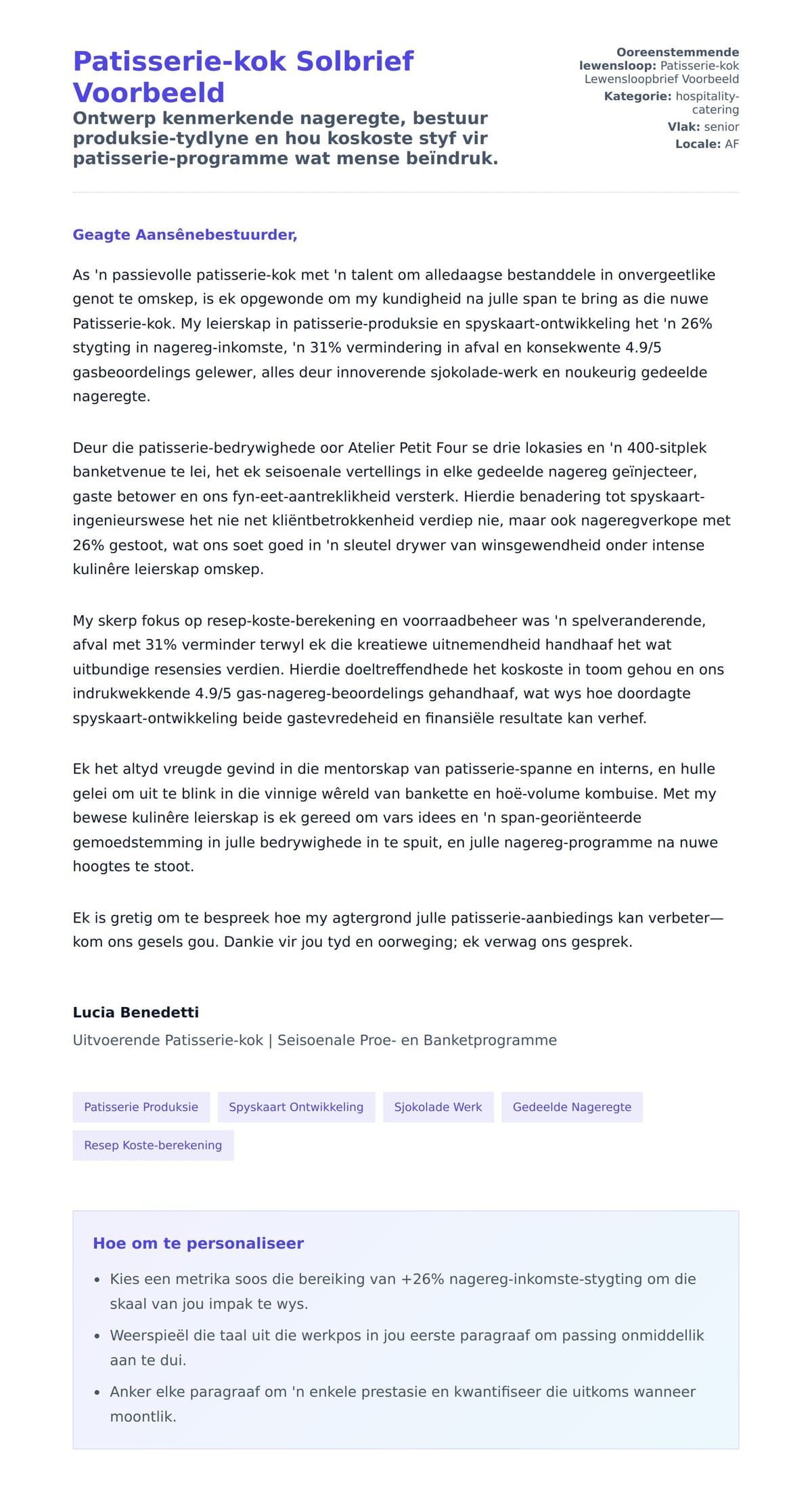 Solbrief-voorskou vir Patisserie-kok Solbrief Voorbeeld