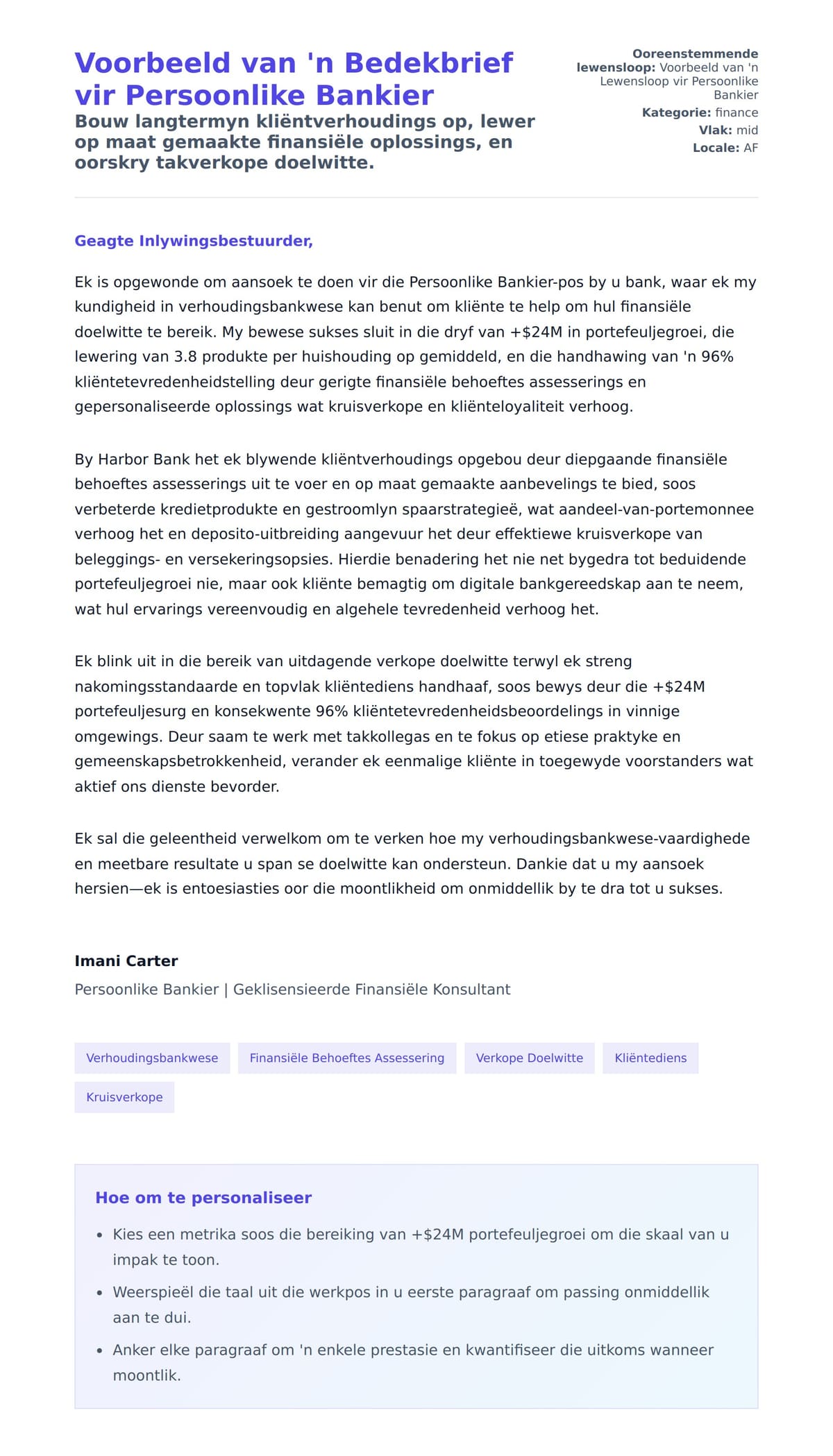 Solbrief-voorskou vir Voorbeeld van 'n Bedekbrief vir Persoonlike Bankier