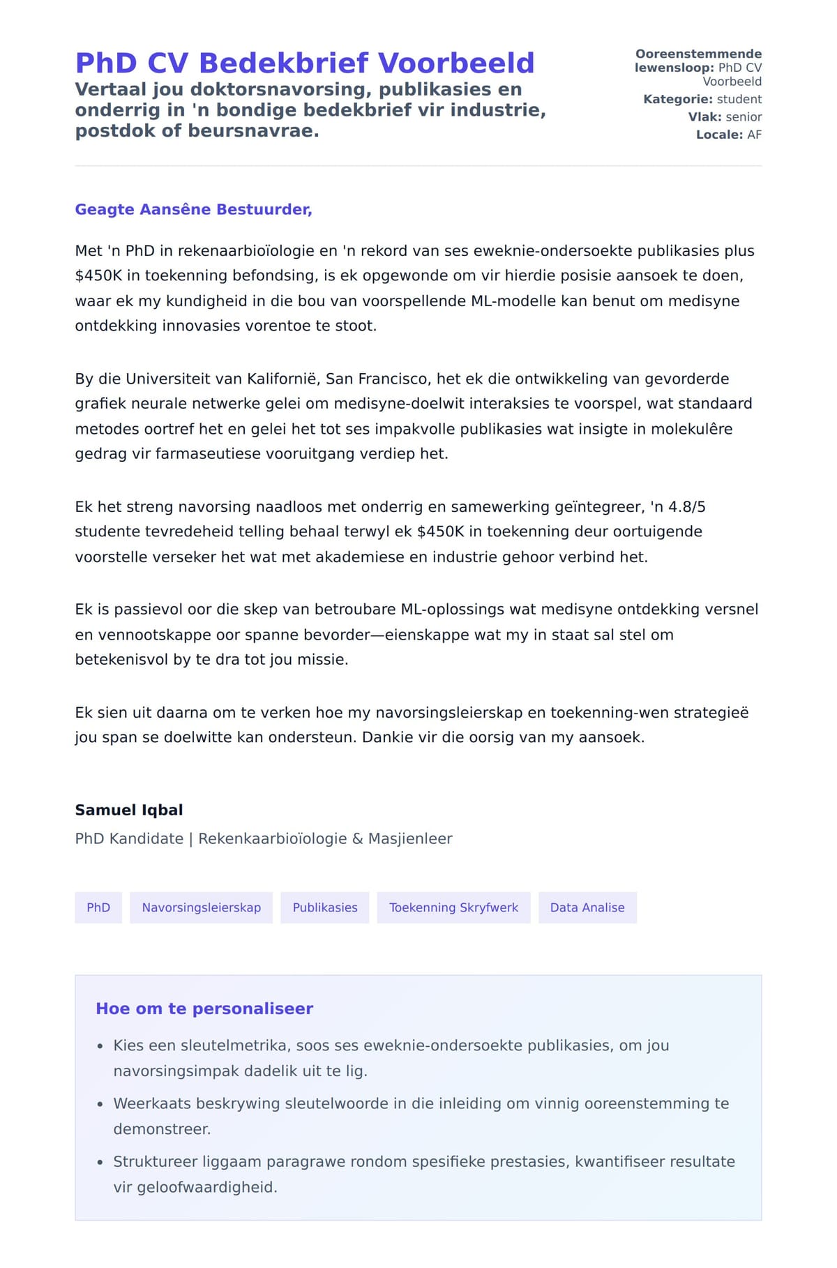 Solbrief-voorskou vir PhD CV Bedekbrief Voorbeeld