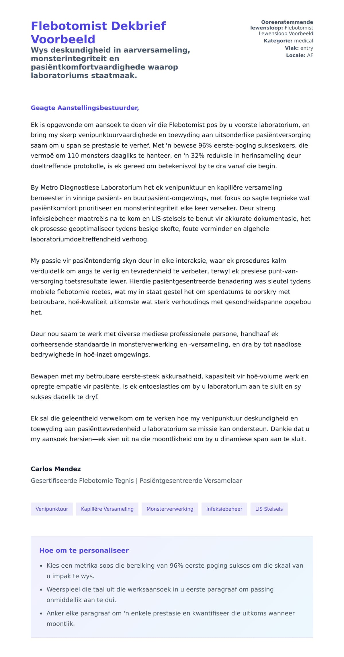 Solbrief-voorskou vir Flebotomist Dekbrief Voorbeeld