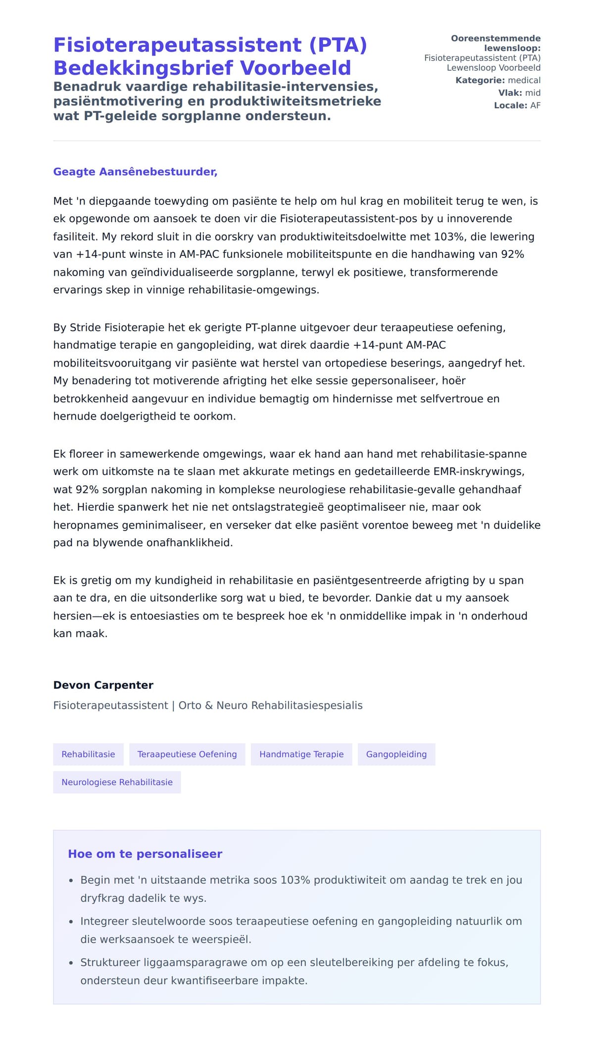 Solbrief-voorskou vir Fisioterapeutassistent (PTA) Bedekkingsbrief Voorbeeld