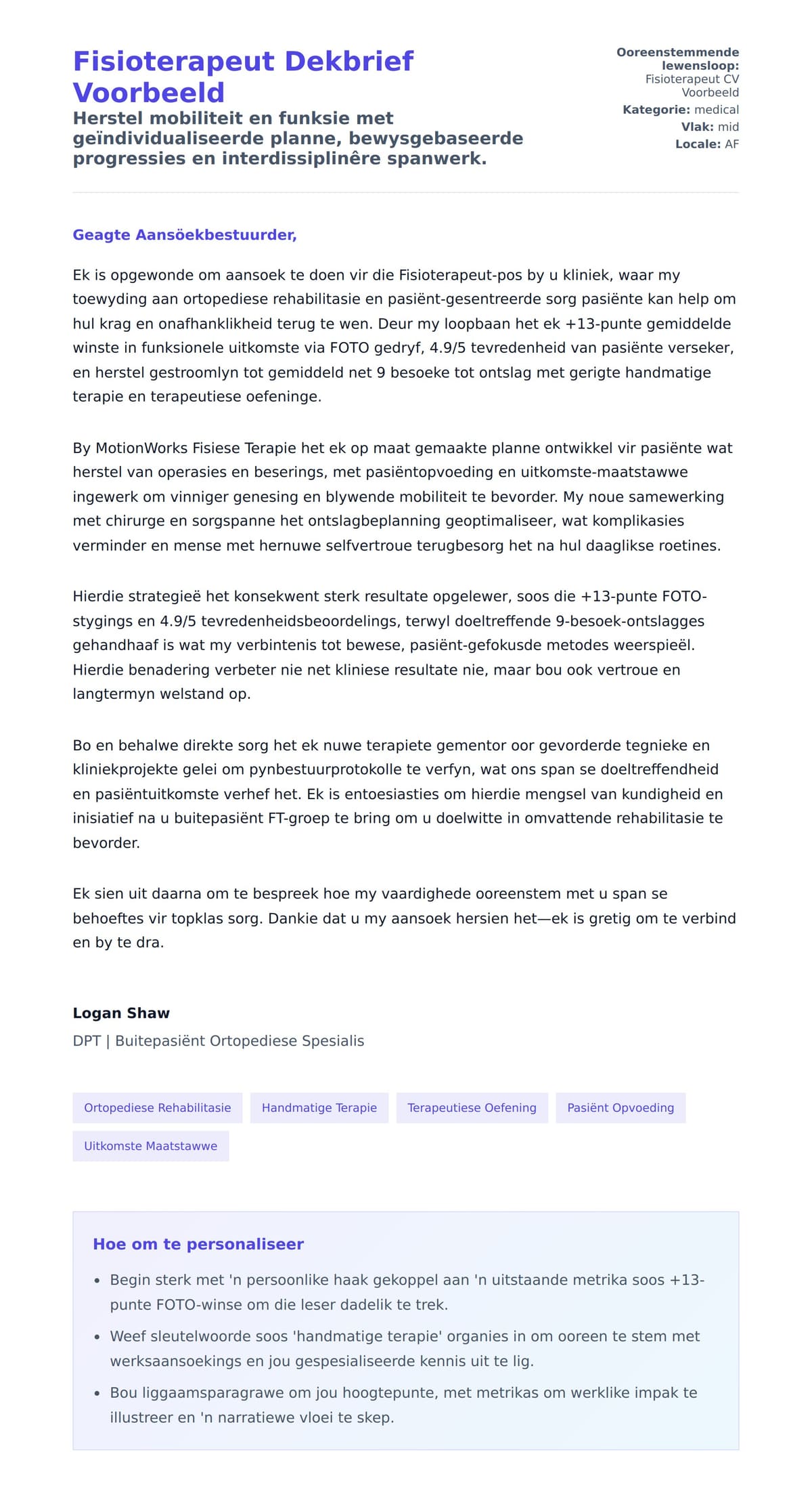 Solbrief-voorskou vir Fisioterapeut Dekbrief Voorbeeld