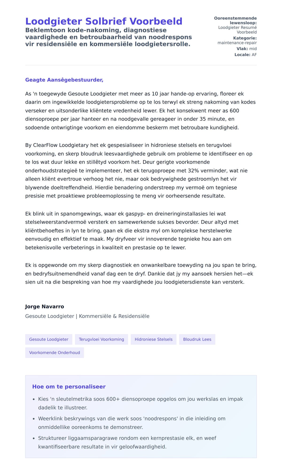 Solbrief-voorskou vir Loodgieter Solbrief Voorbeeld