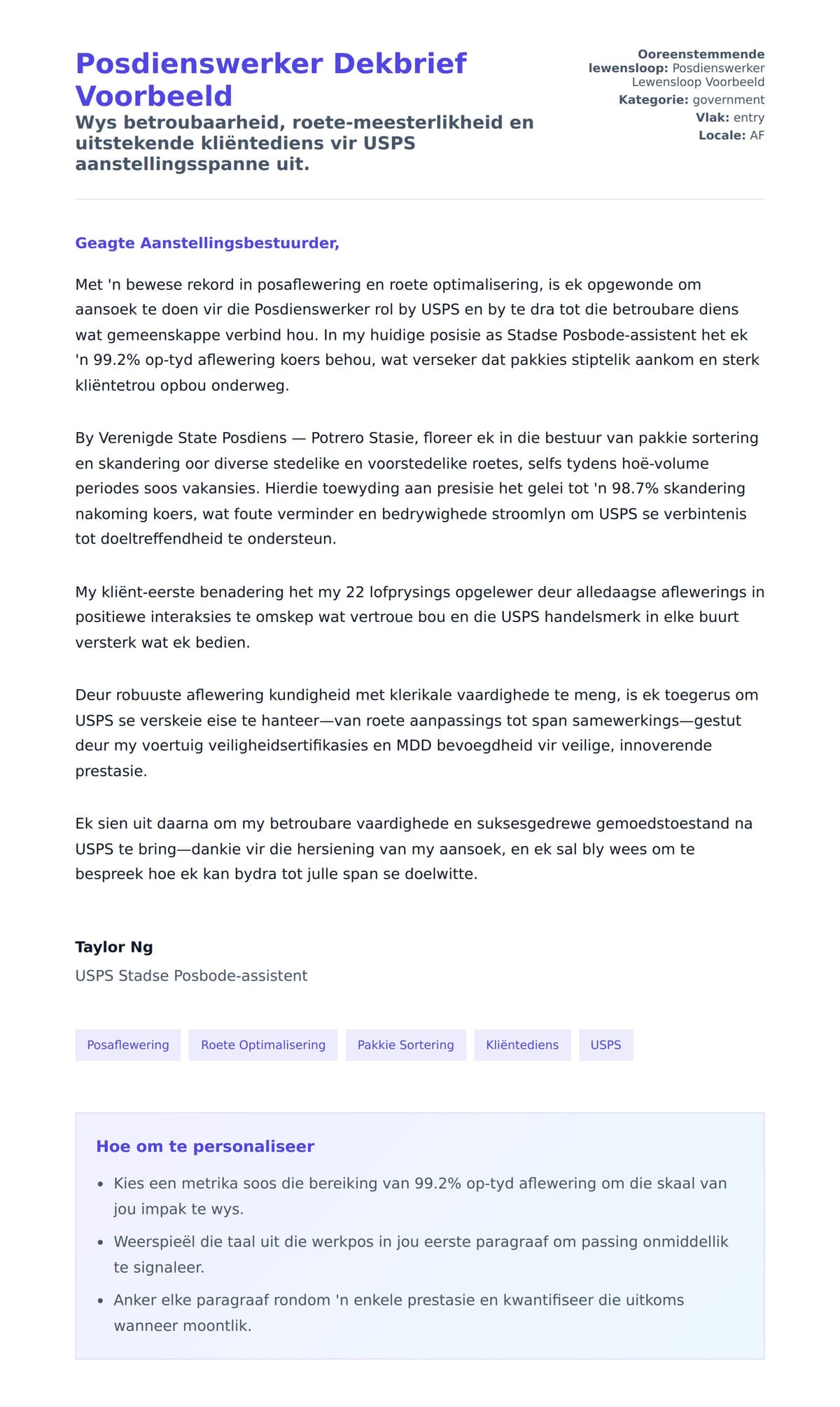 Solbrief-voorskou vir Posdienswerker Dekbrief Voorbeeld