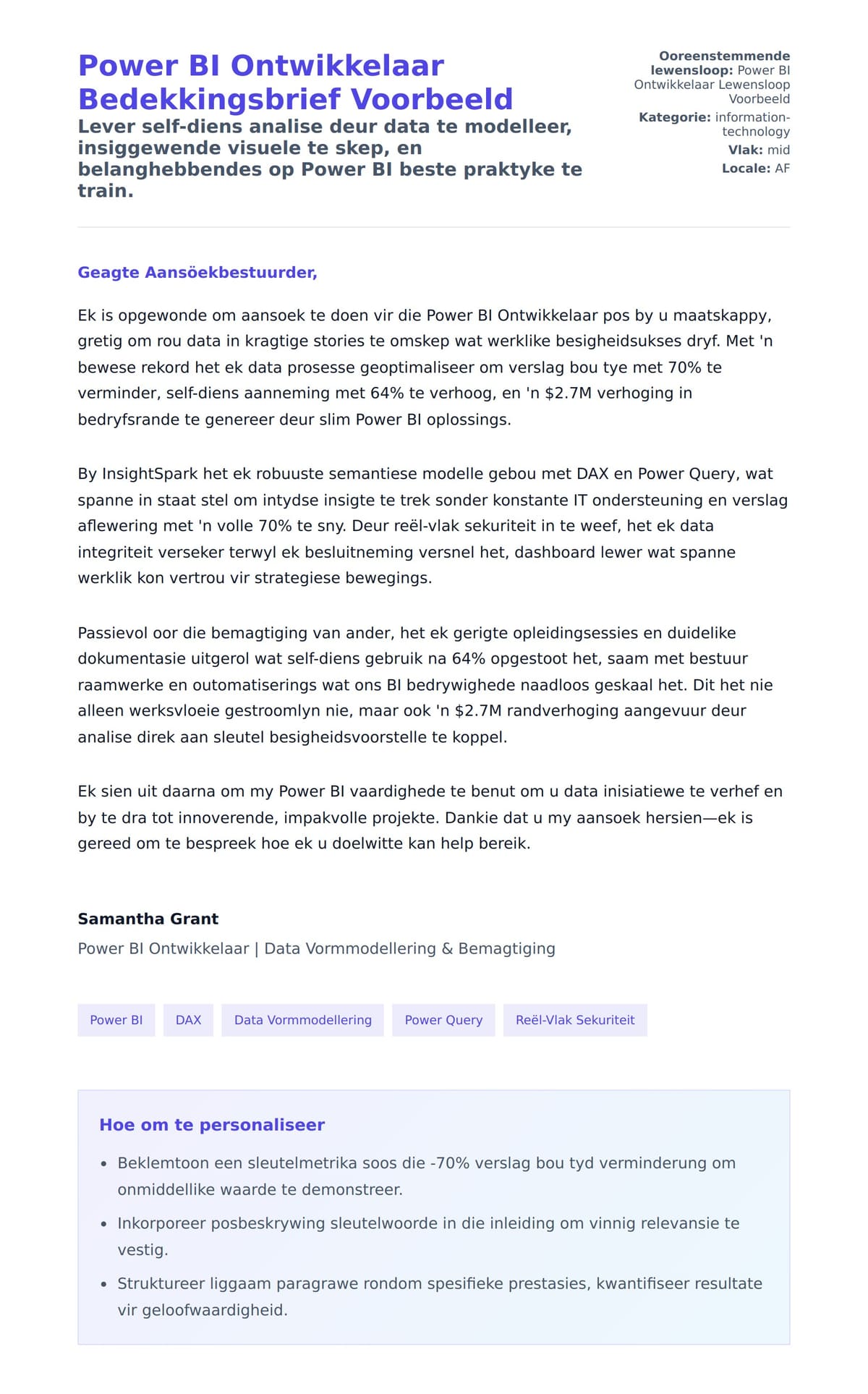 Solbrief-voorskou vir Power BI Ontwikkelaar Bedekkingsbrief Voorbeeld