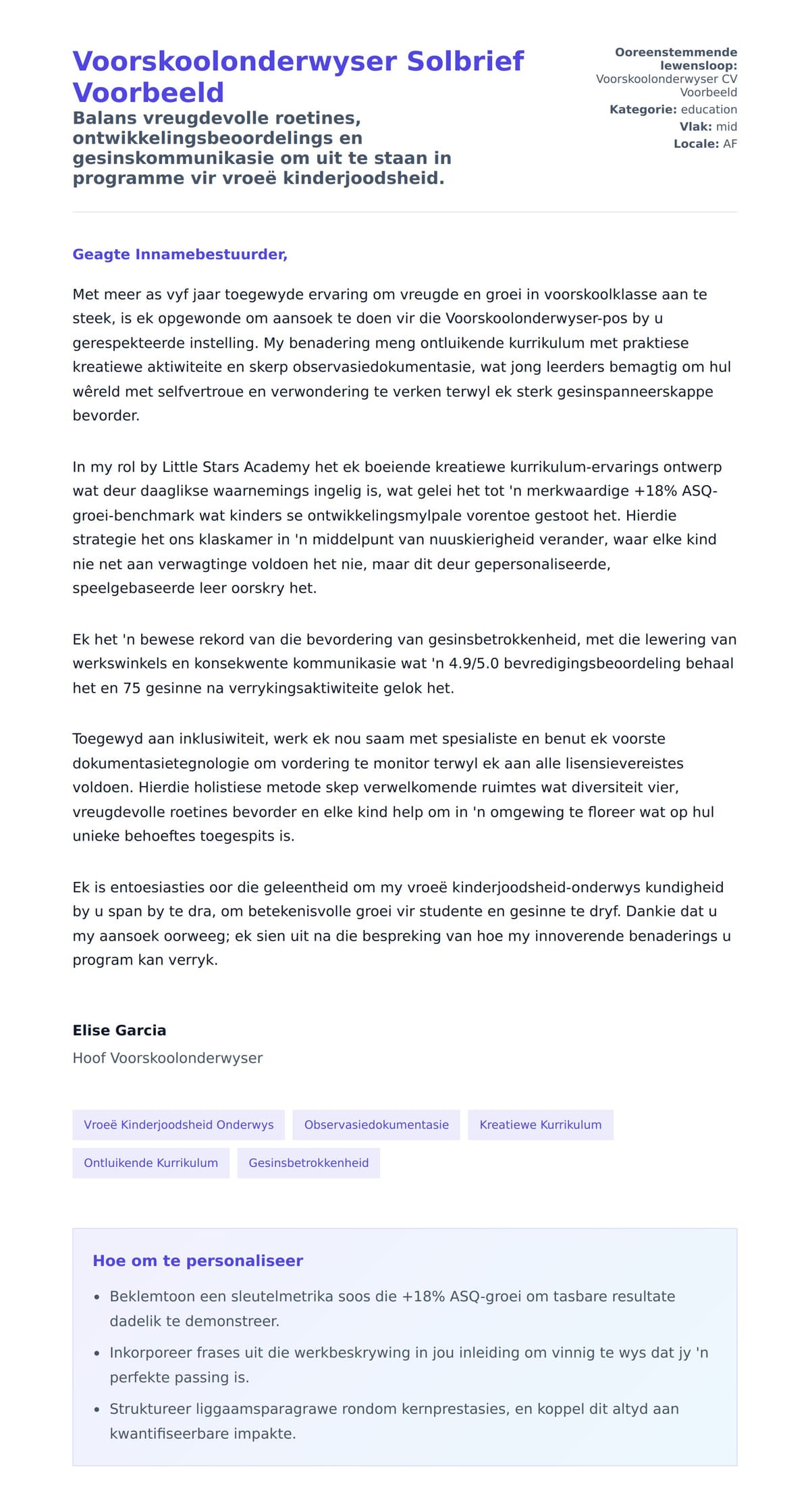 Solbrief-voorskou vir Voorskoolonderwyser Solbrief Voorbeeld