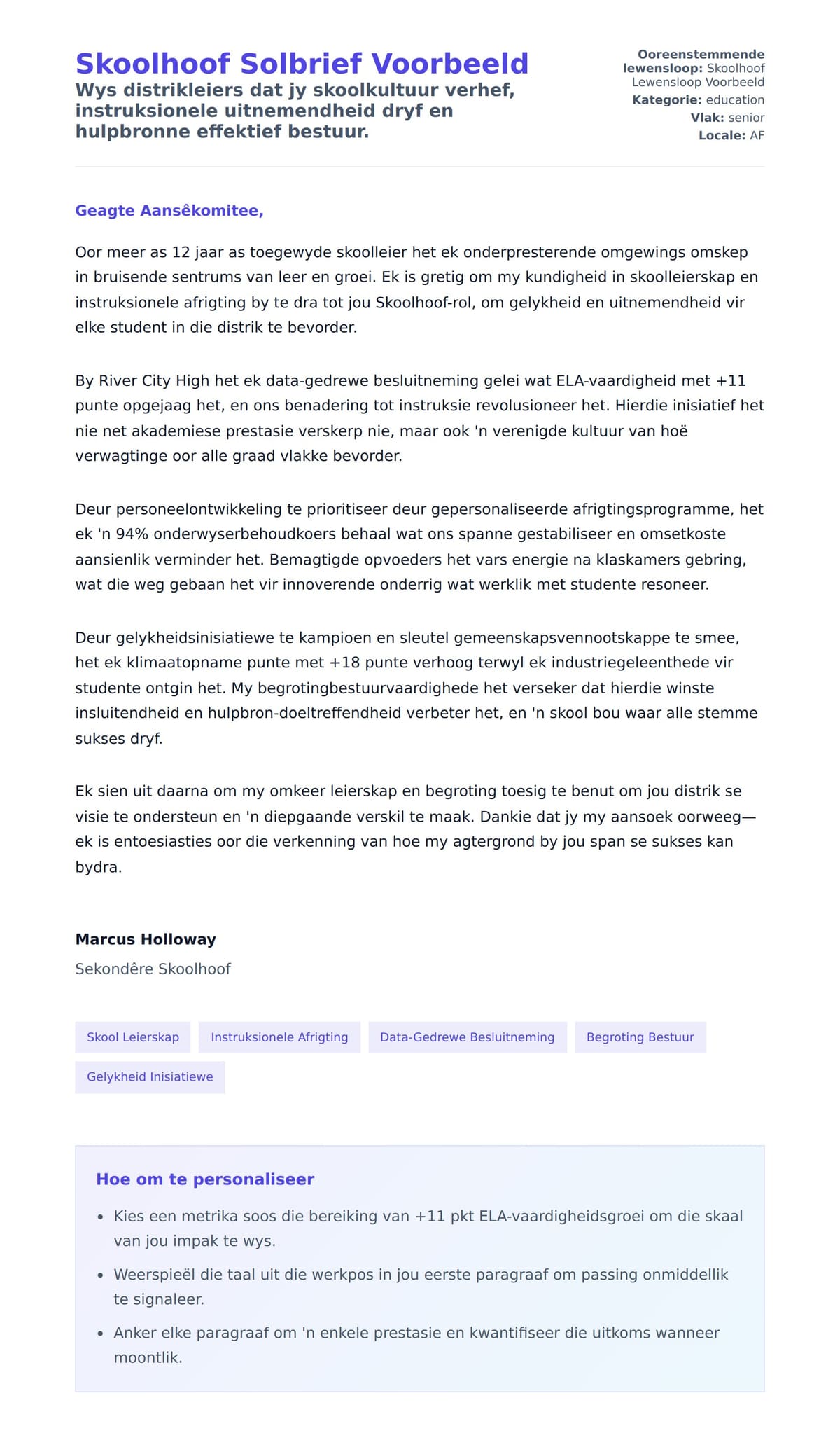 Solbrief-voorskou vir Skoolhoof Solbrief Voorbeeld