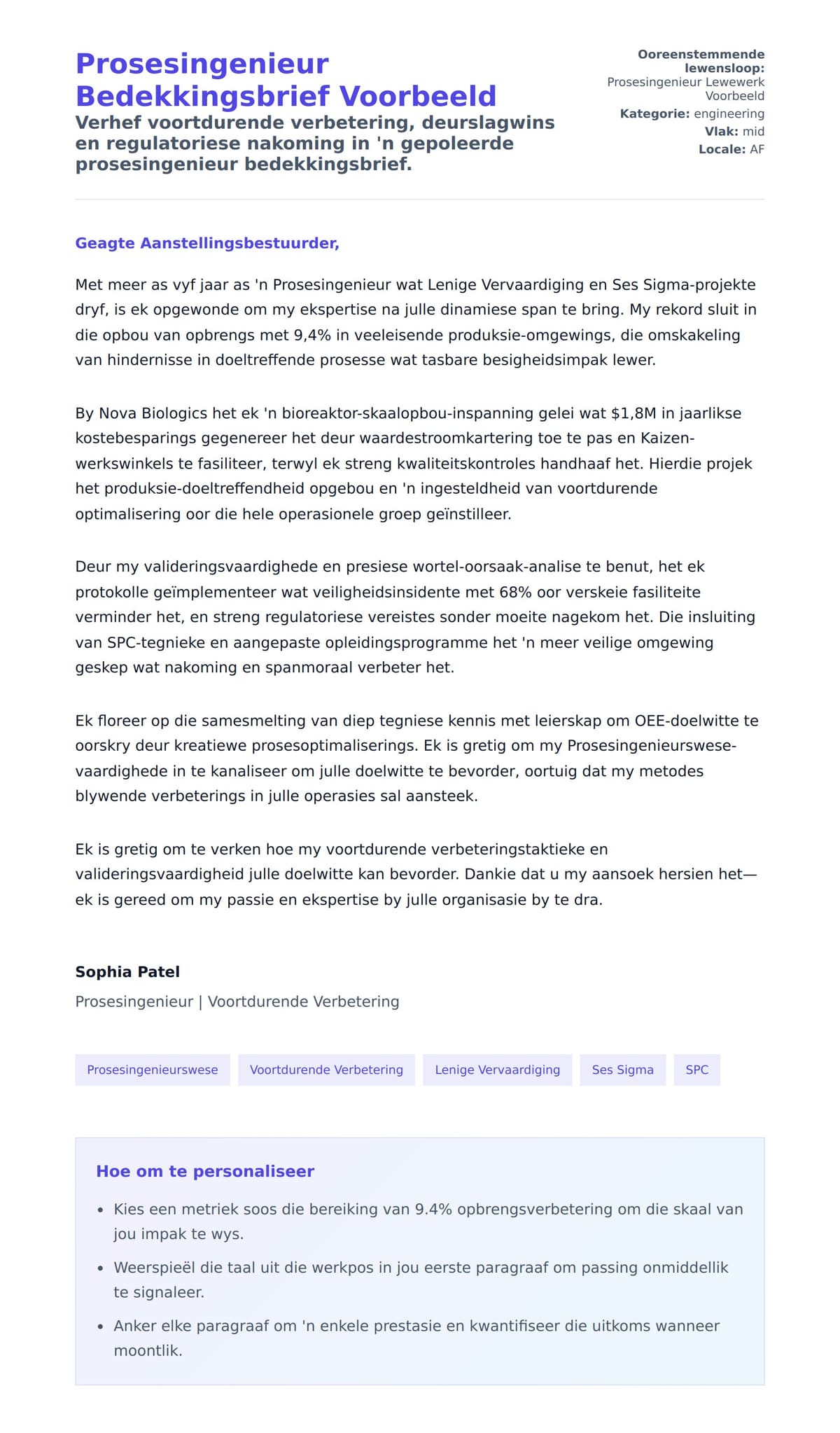 Solbrief-voorskou vir Prosesingenieur Bedekkingsbrief Voorbeeld