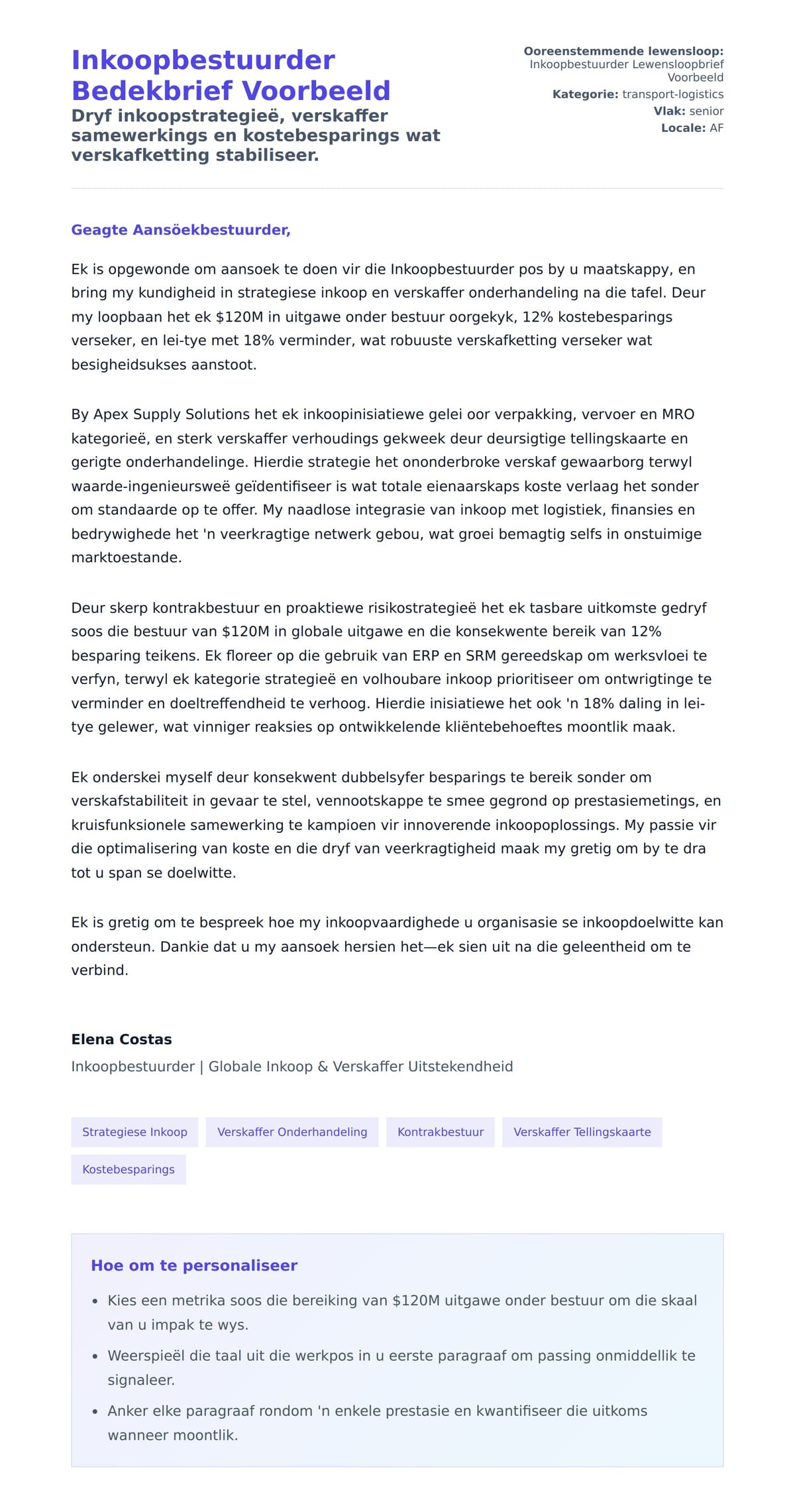 Solbrief-voorskou vir Inkoopbestuurder Bedekbrief Voorbeeld