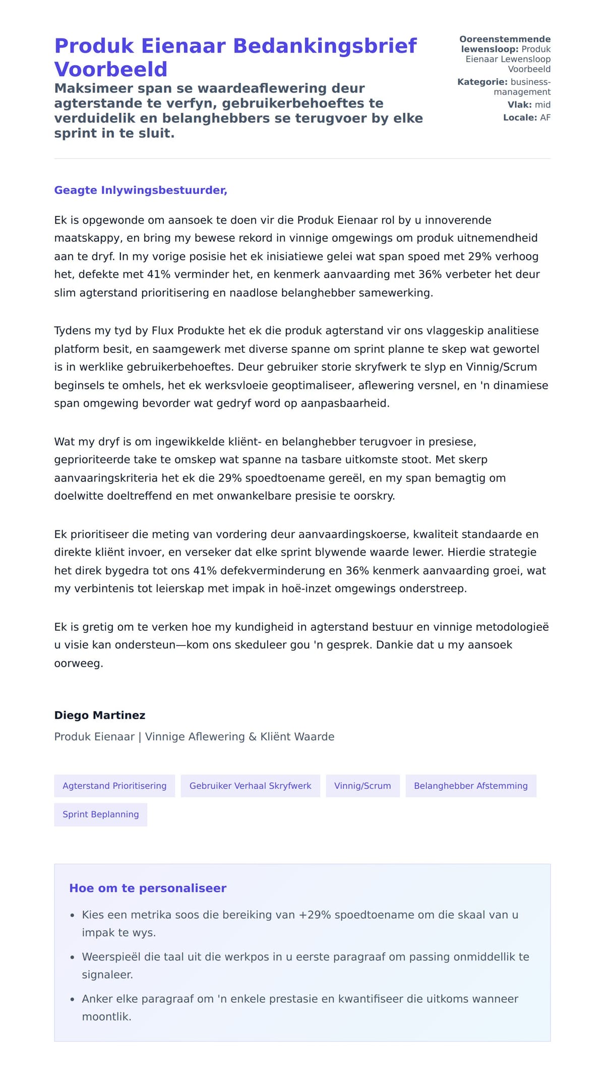 Solbrief-voorskou vir Produk Eienaar Bedankingsbrief Voorbeeld