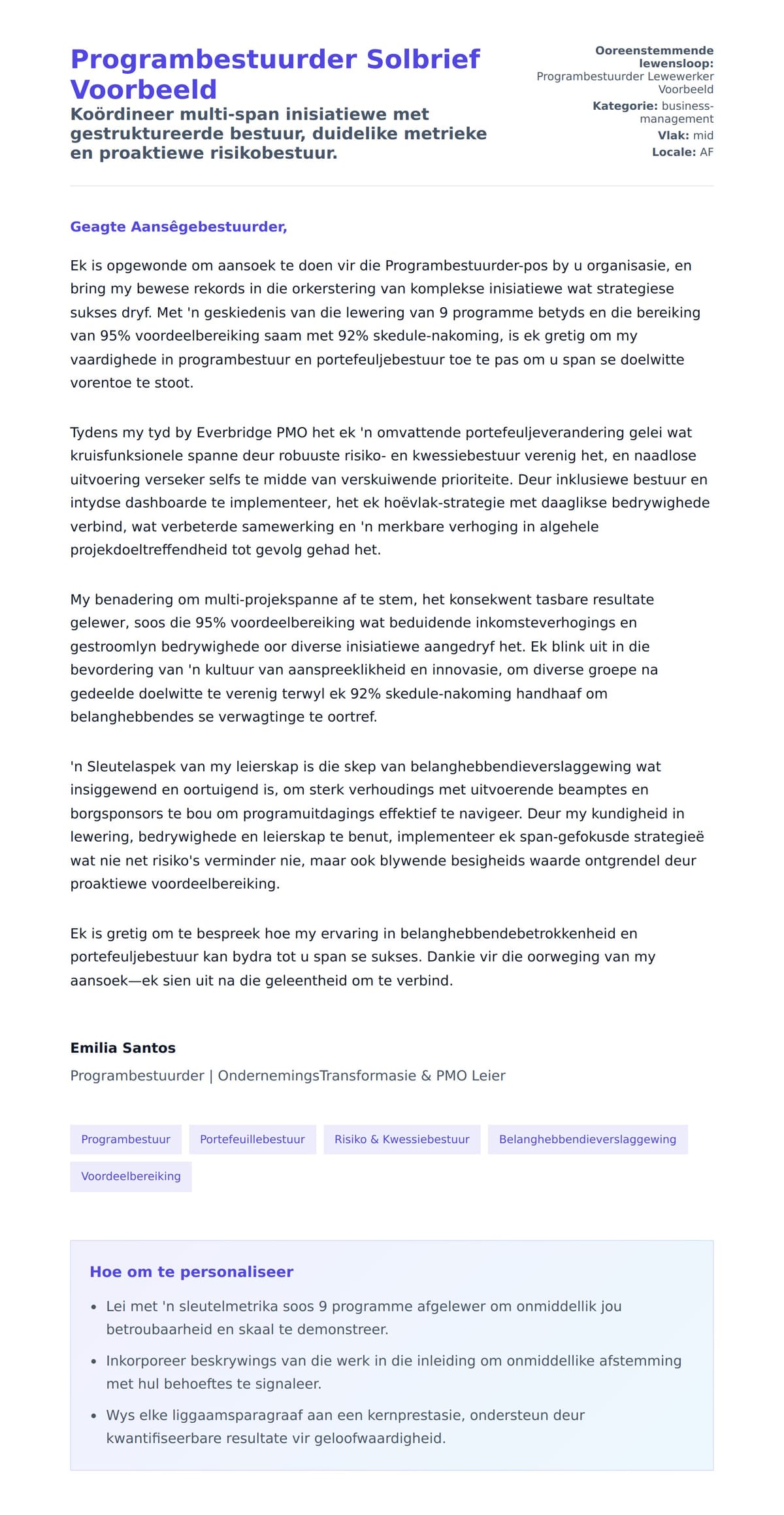 Solbrief-voorskou vir Programbestuurder Solbrief Voorbeeld