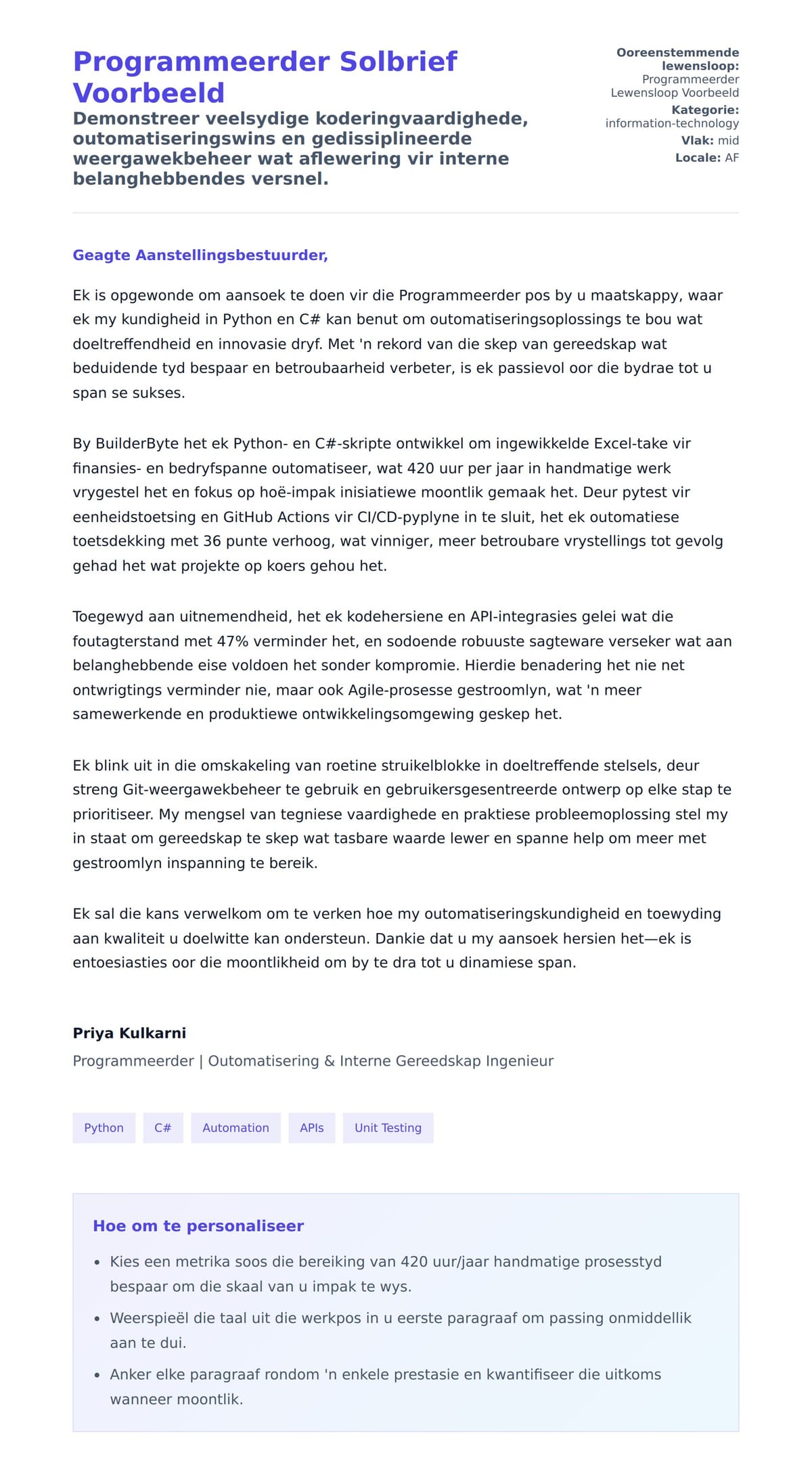 Solbrief-voorskou vir Programmeerder Solbrief Voorbeeld