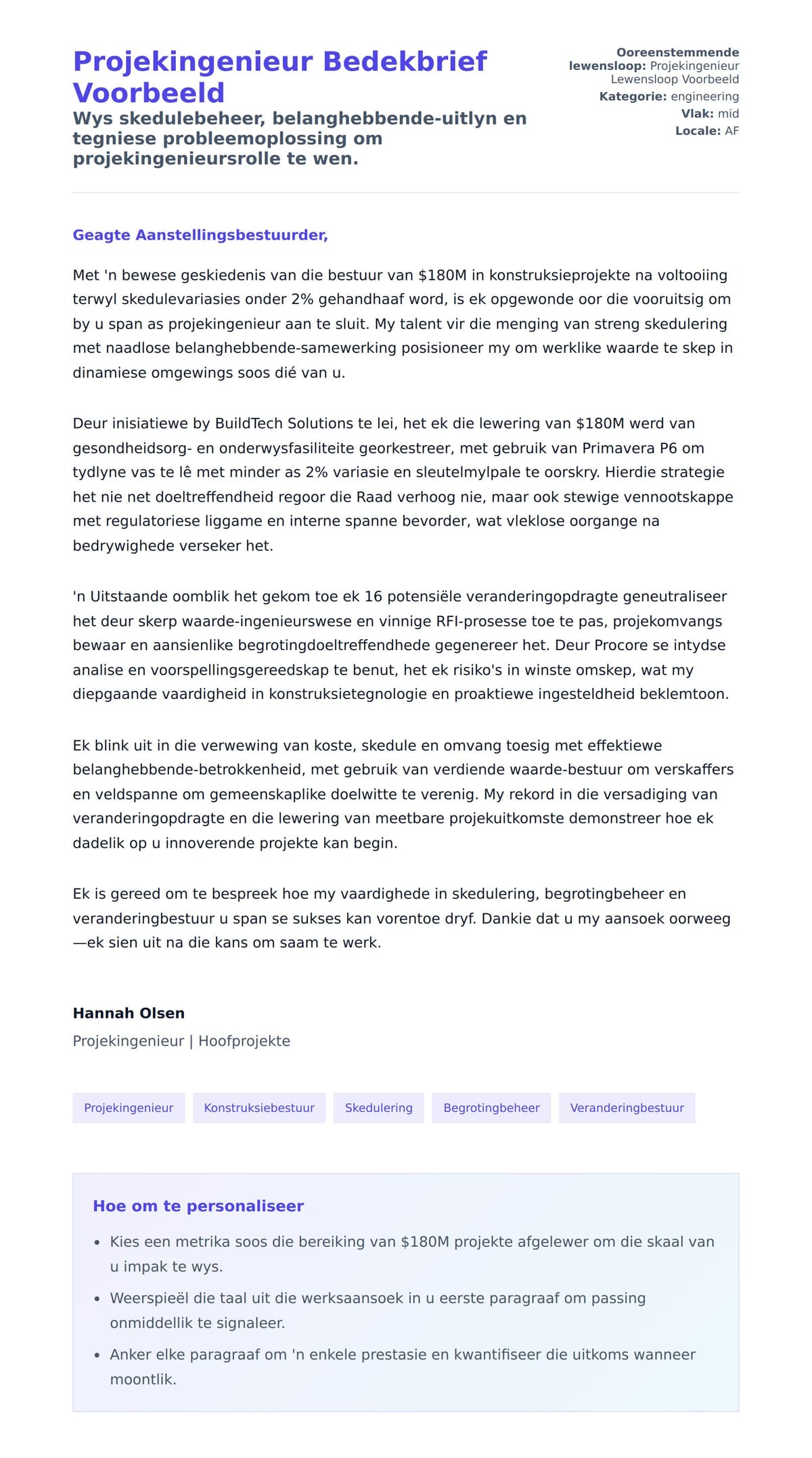 Solbrief-voorskou vir Projekingenieur Bedekbrief Voorbeeld