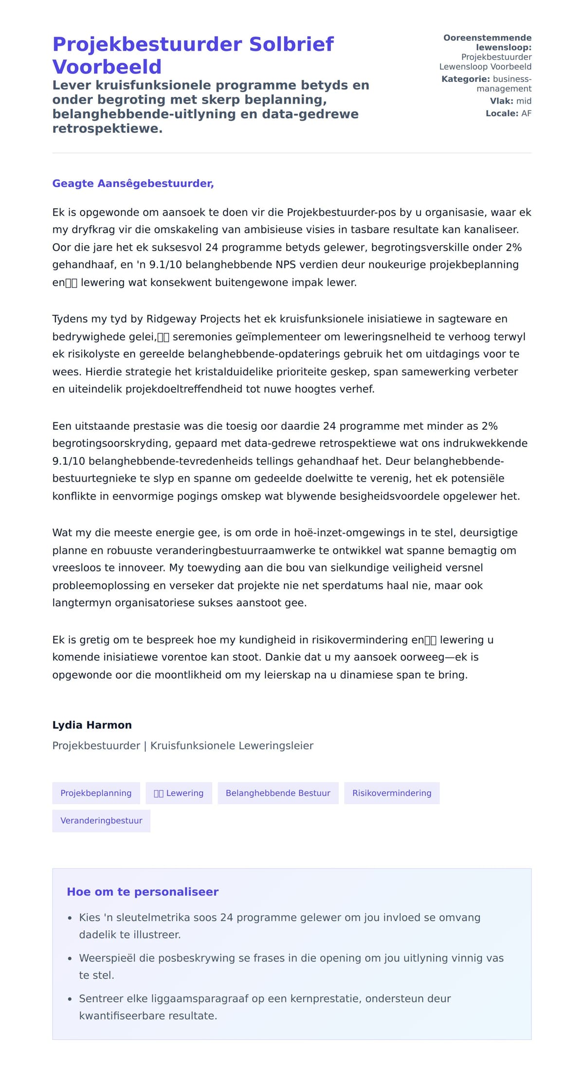 Solbrief-voorskou vir Projekbestuurder Solbrief Voorbeeld