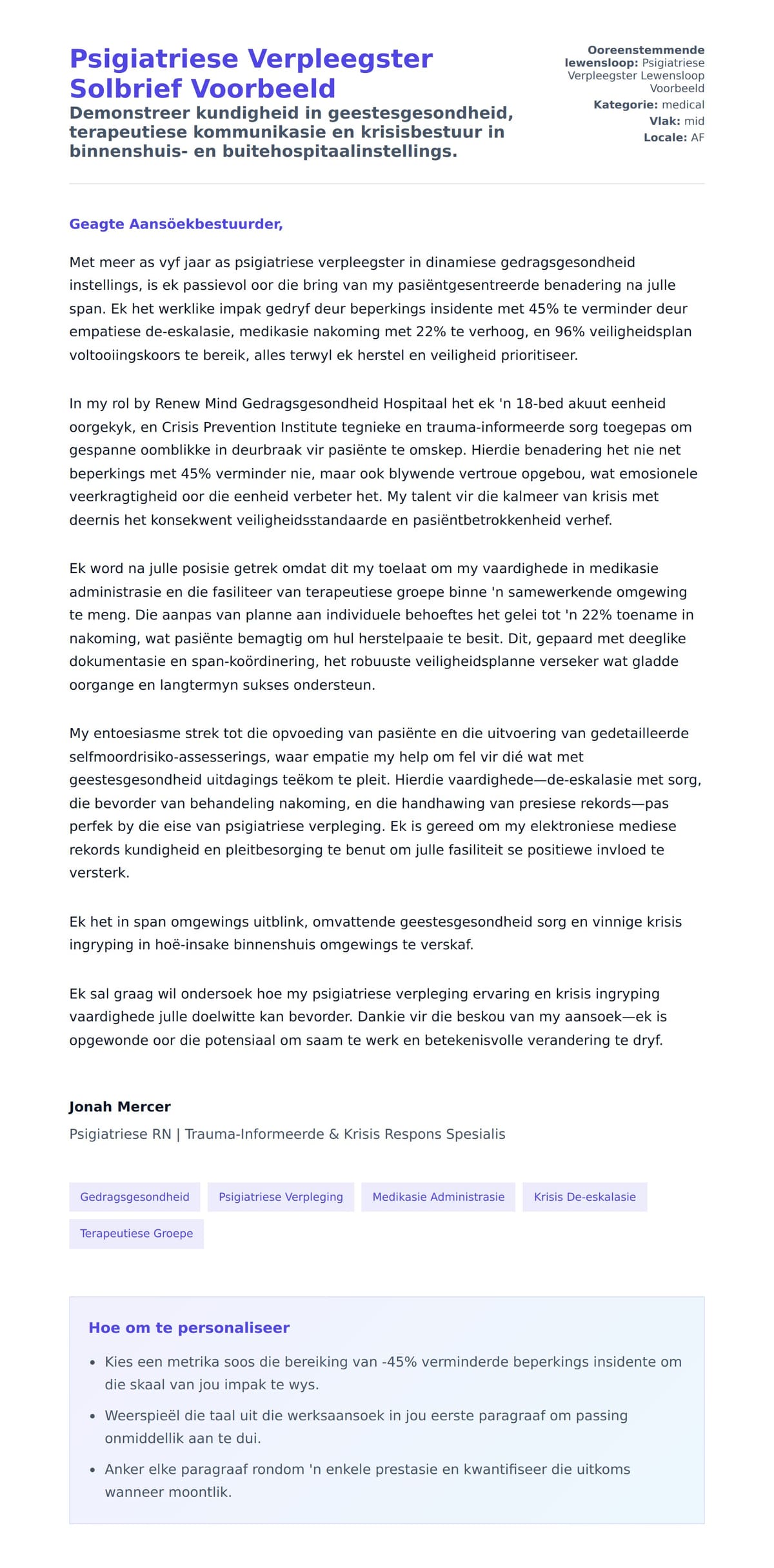 Solbrief-voorskou vir Psigiatriese Verpleegster Solbrief Voorbeeld