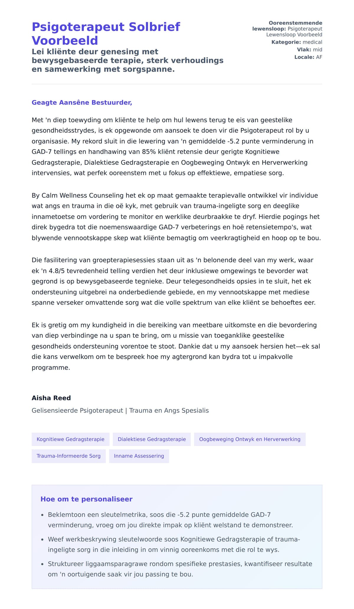 Solbrief-voorskou vir Psigoterapeut Solbrief Voorbeeld