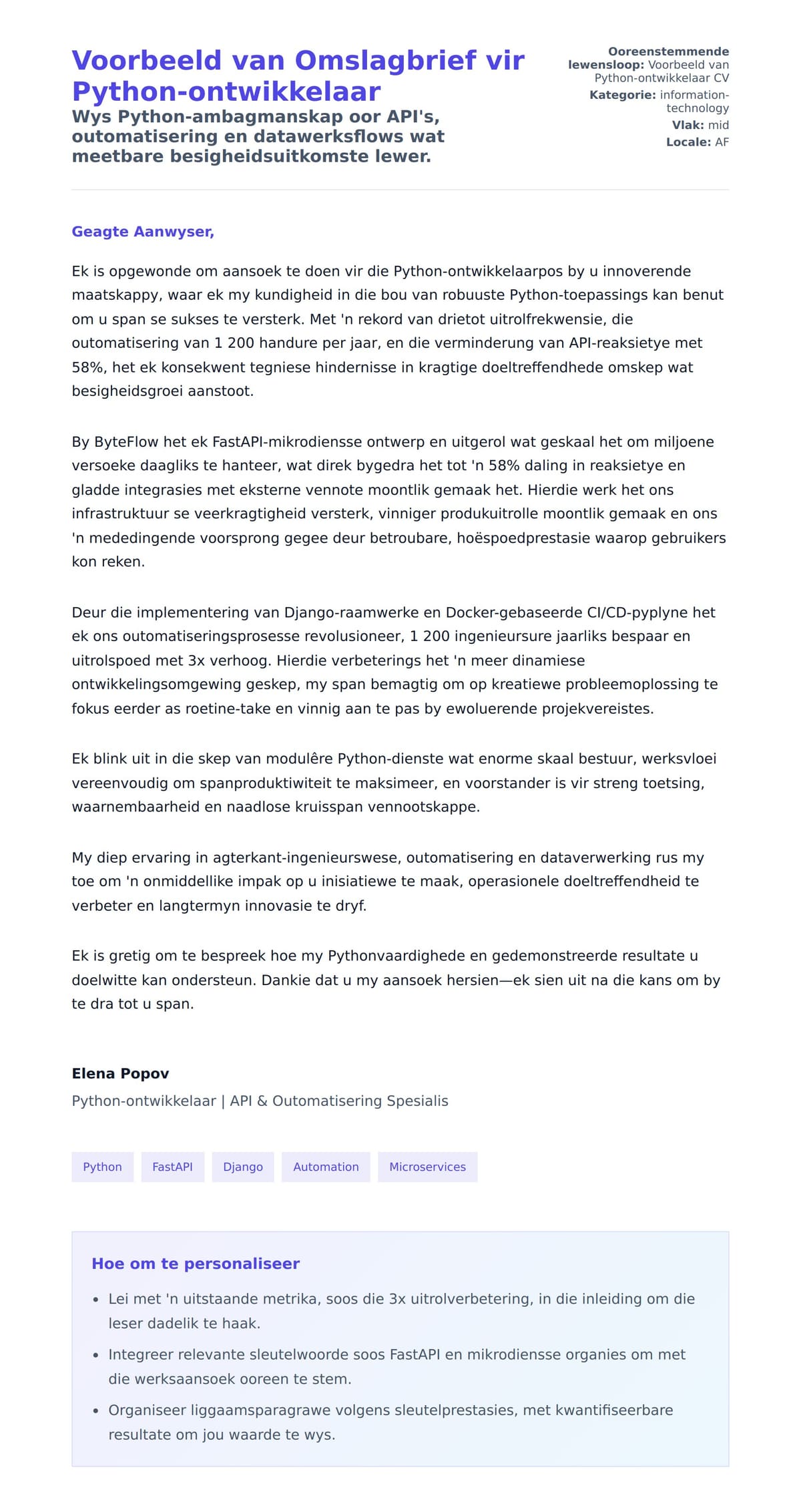 Solbrief-voorskou vir Voorbeeld van Omslagbrief vir Python-ontwikkelaar