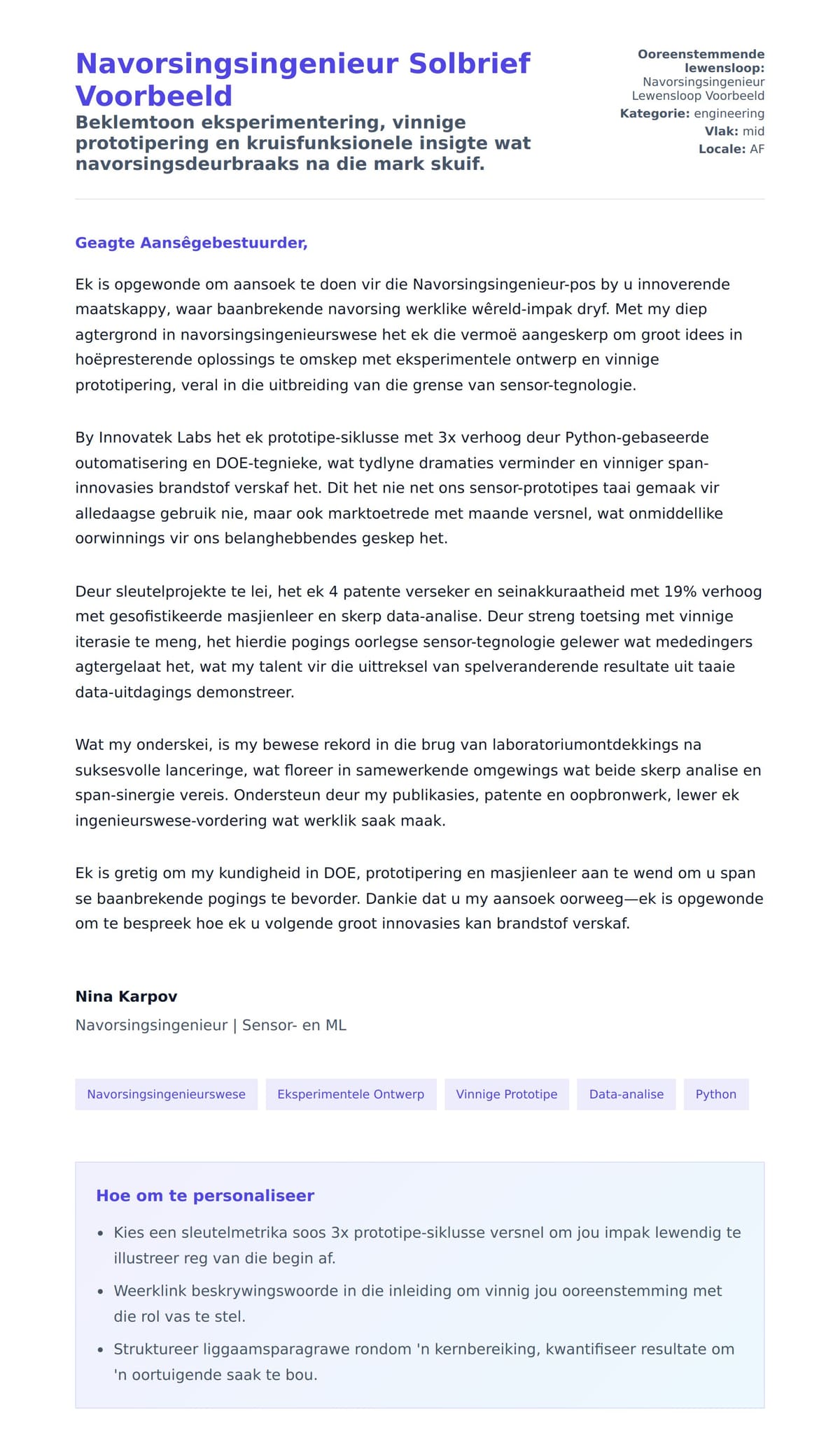 Solbrief-voorskou vir Navorsingsingenieur Solbrief Voorbeeld