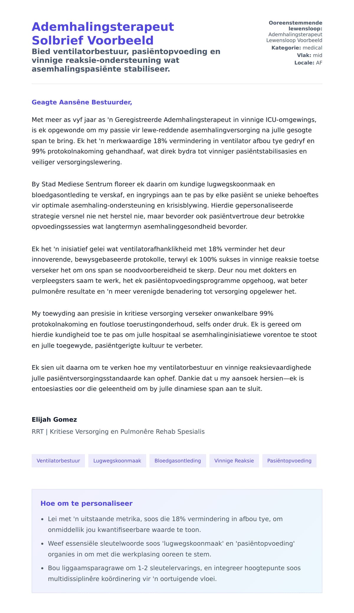 Solbrief-voorskou vir Ademhalingsterapeut Solbrief Voorbeeld