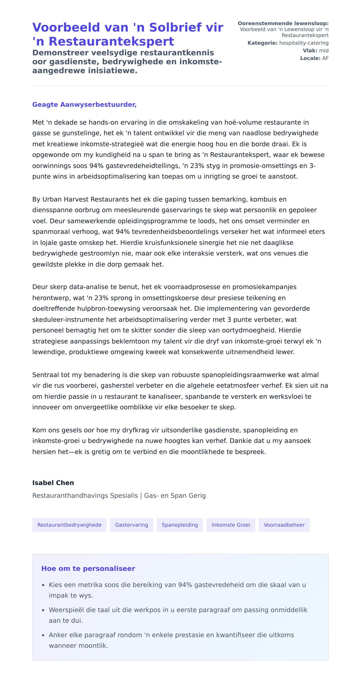 Solbrief-voorskou vir Voorbeeld van 'n Solbrief vir 'n Restaurantekspert