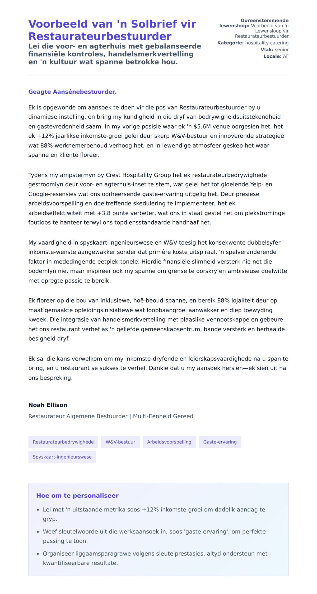 Solbrief-voorskou vir Voorbeeld van 'n Solbrief vir Restaurateurbestuurder