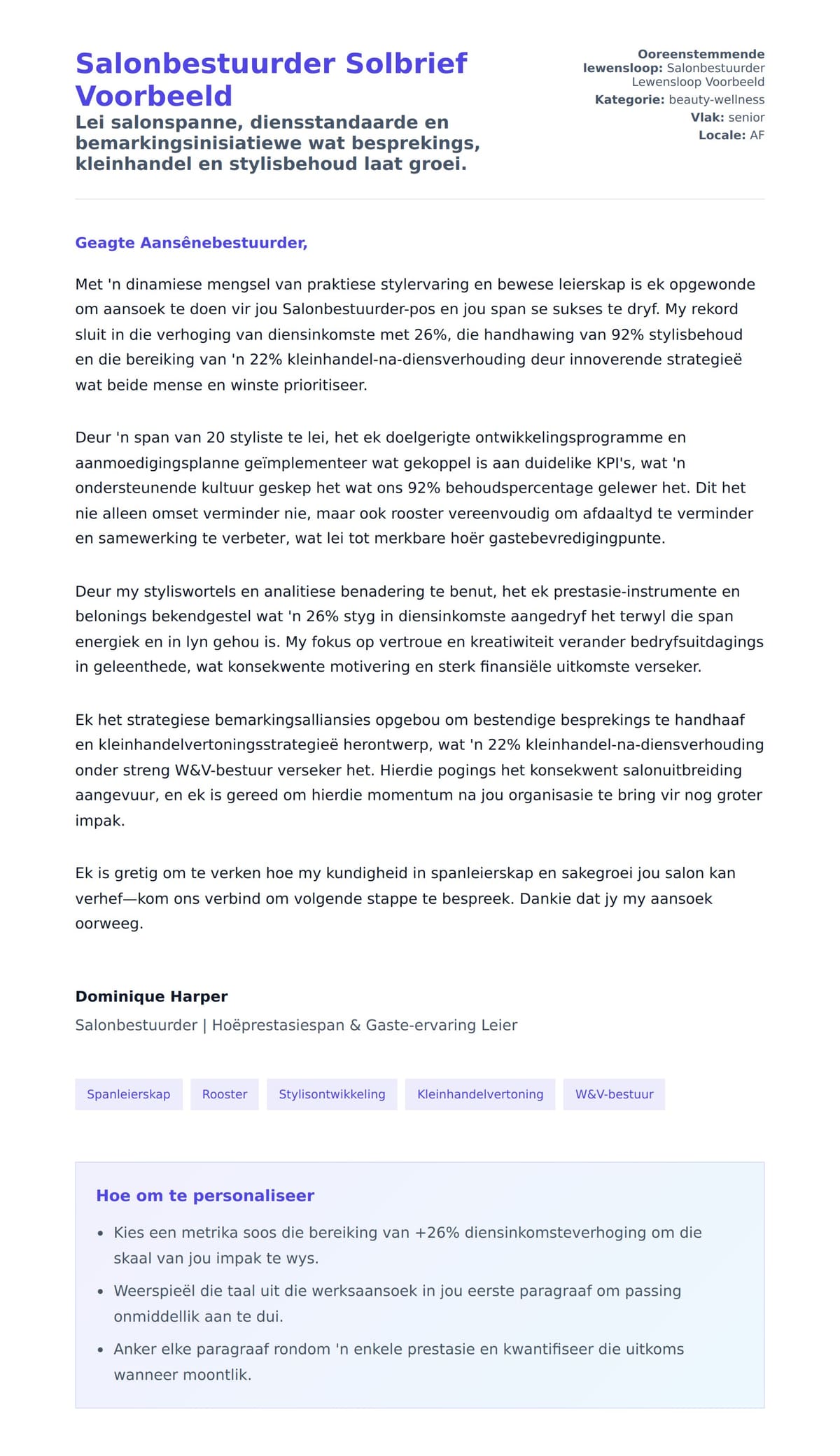 Solbrief-voorskou vir Salonbestuurder Solbrief Voorbeeld