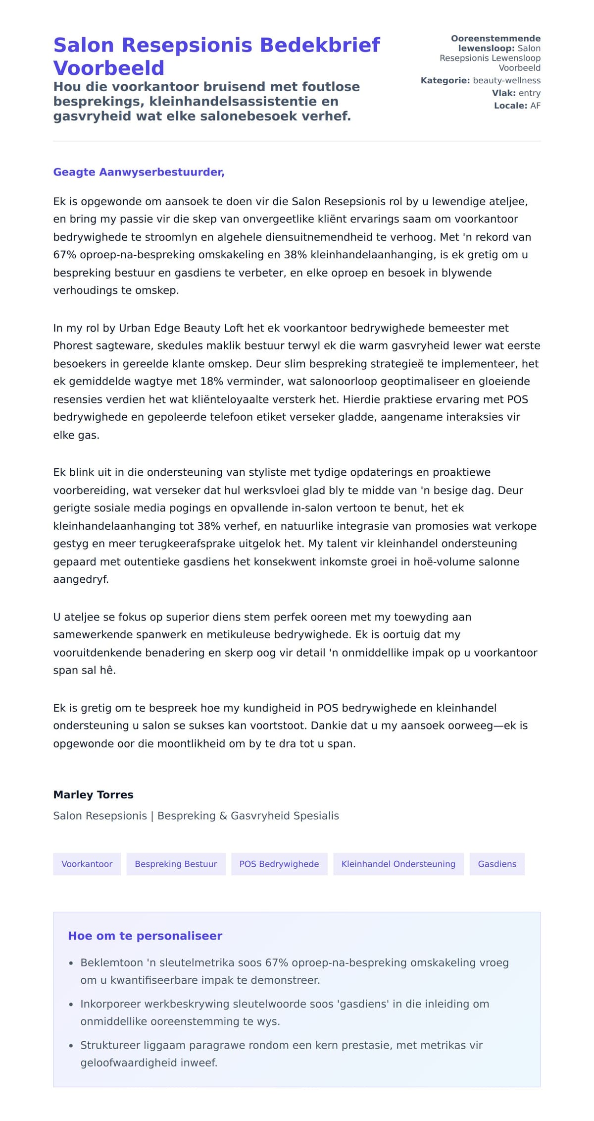 Solbrief-voorskou vir Salon Resepsionis Bedekbrief Voorbeeld