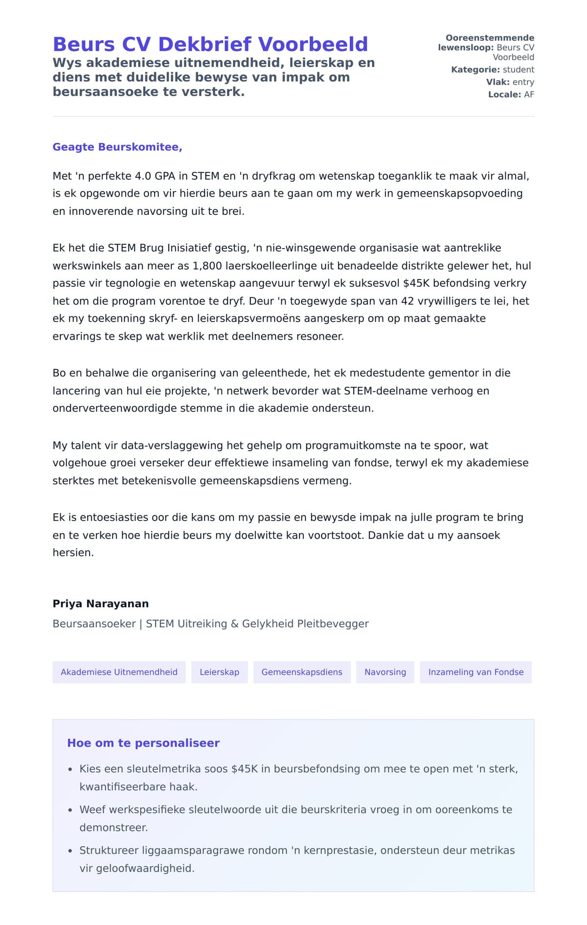 Solbrief-voorskou vir Beurs CV Dekbrief Voorbeeld