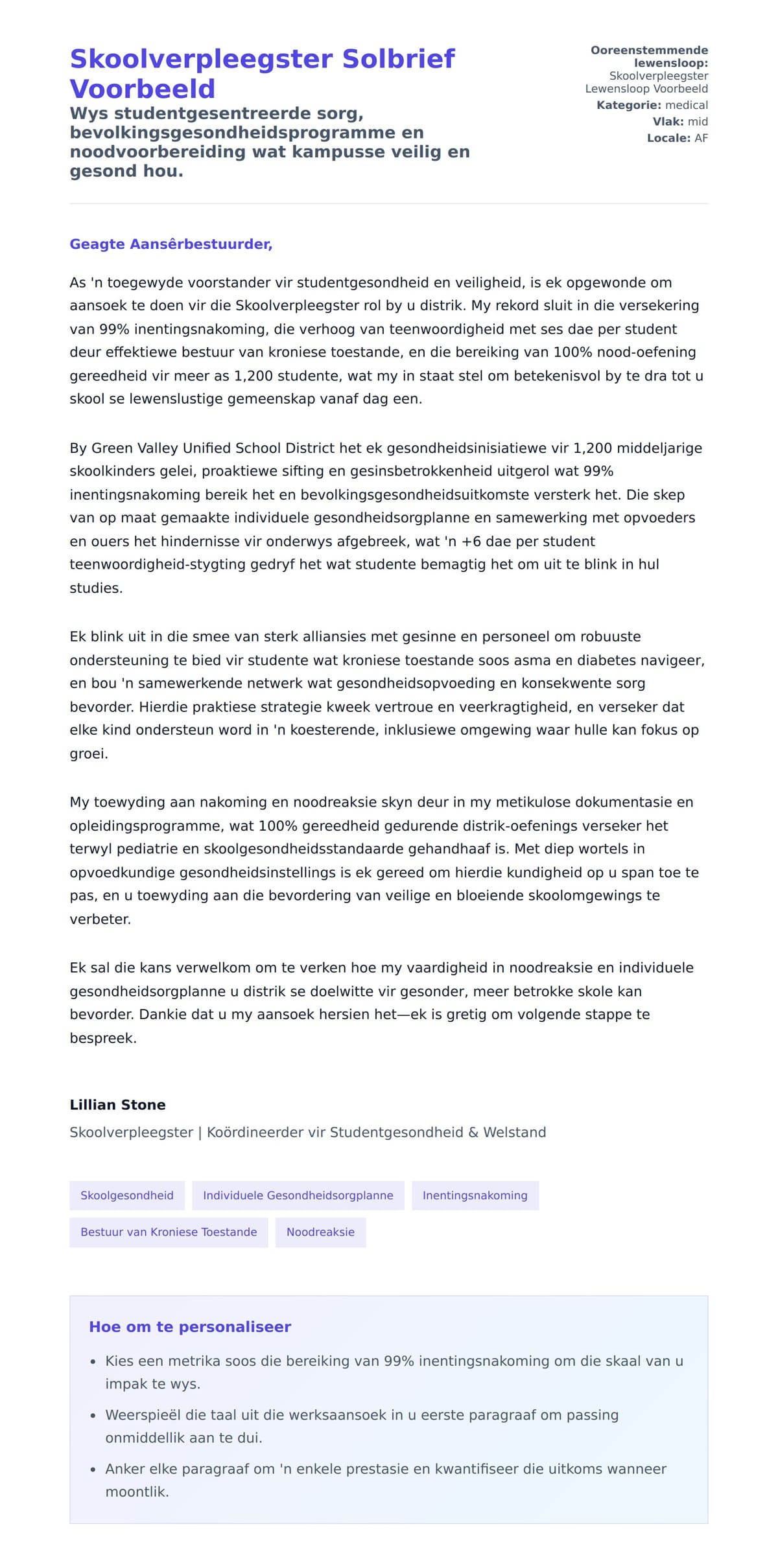 Solbrief-voorskou vir Skoolverpleegster Solbrief Voorbeeld