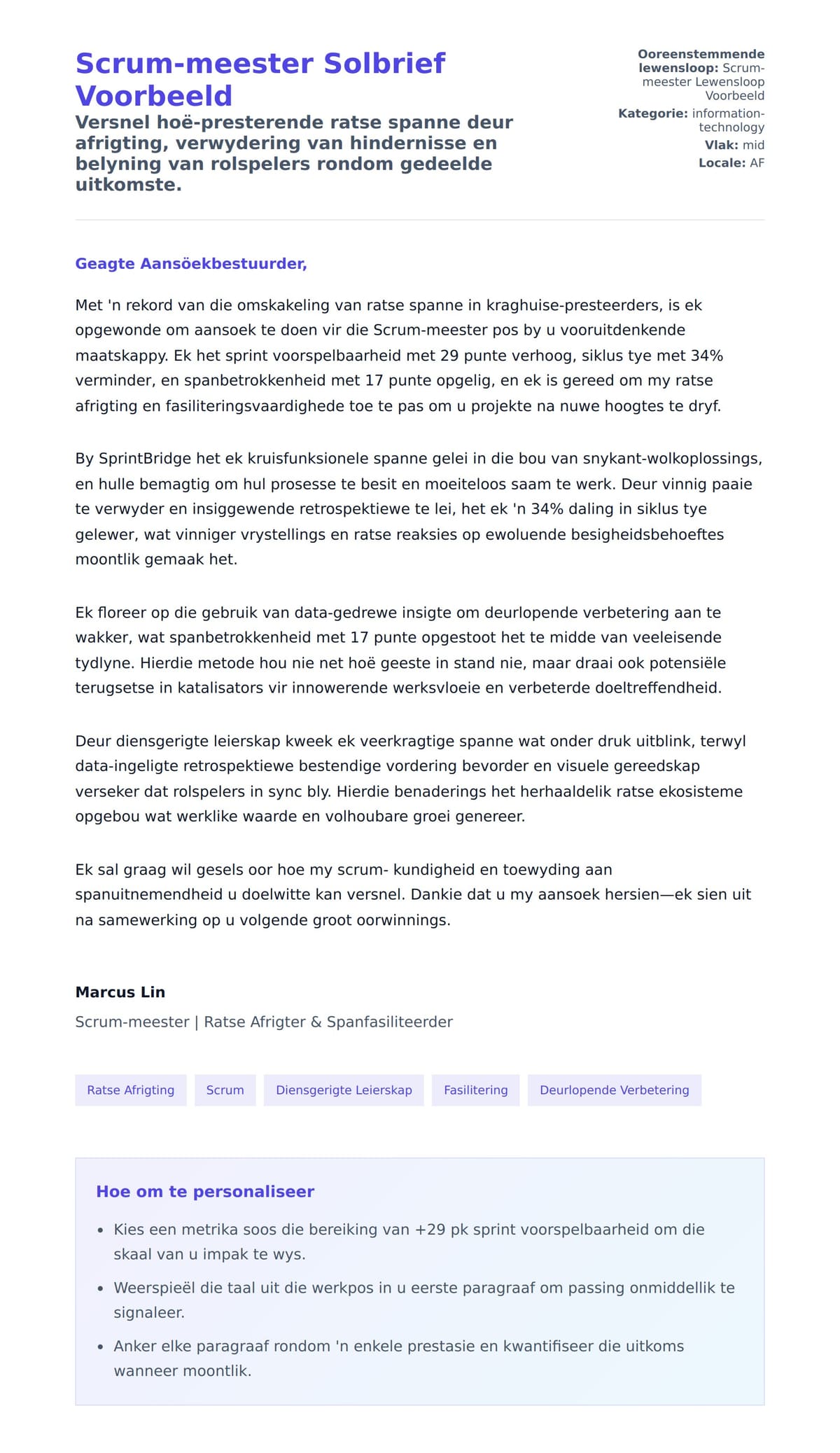 Solbrief-voorskou vir Scrum-meester Solbrief Voorbeeld