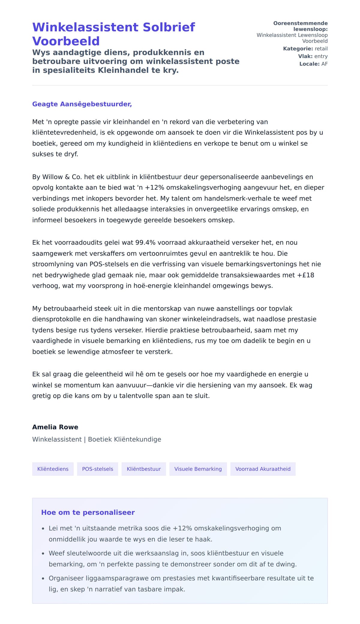 Solbrief-voorskou vir Winkelassistent Solbrief Voorbeeld