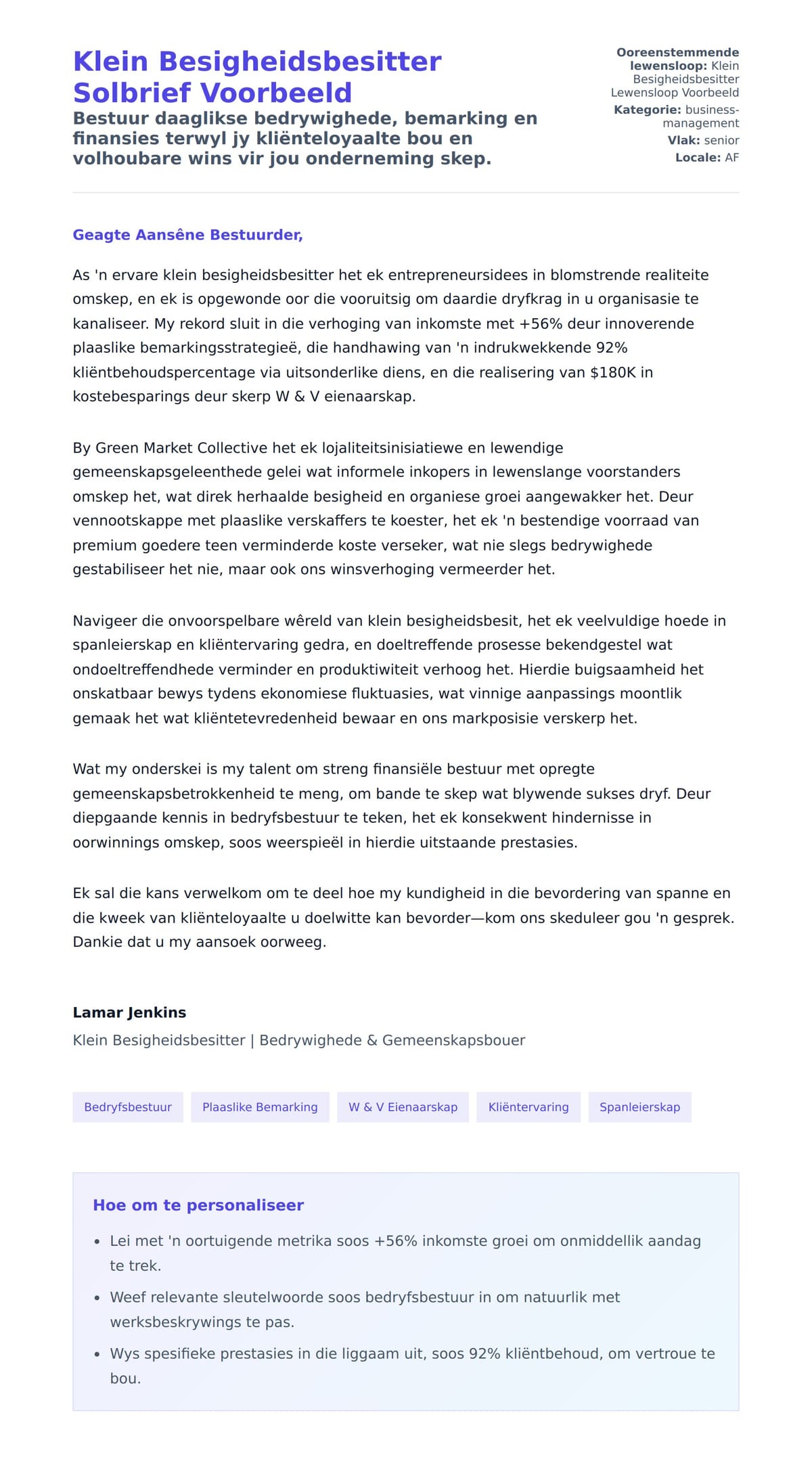 Solbrief-voorskou vir Klein Besigheidsbesitter Solbrief Voorbeeld