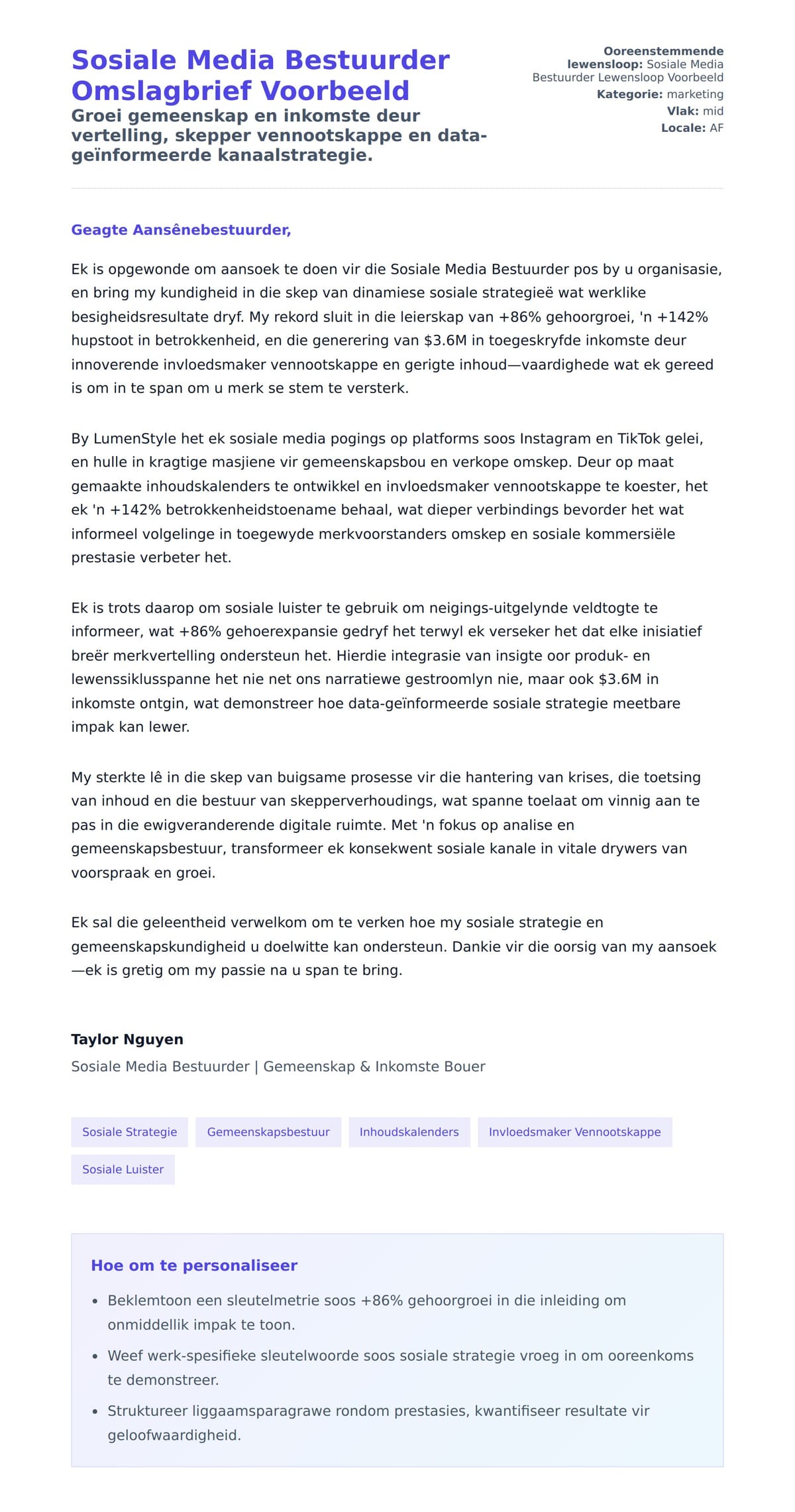 Solbrief-voorskou vir Sosiale Media Bestuurder Omslagbrief Voorbeeld