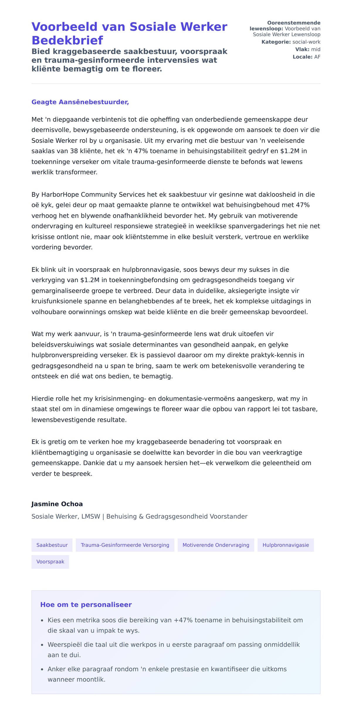 Solbrief-voorskou vir Voorbeeld van Sosiale Werker Bedekbrief