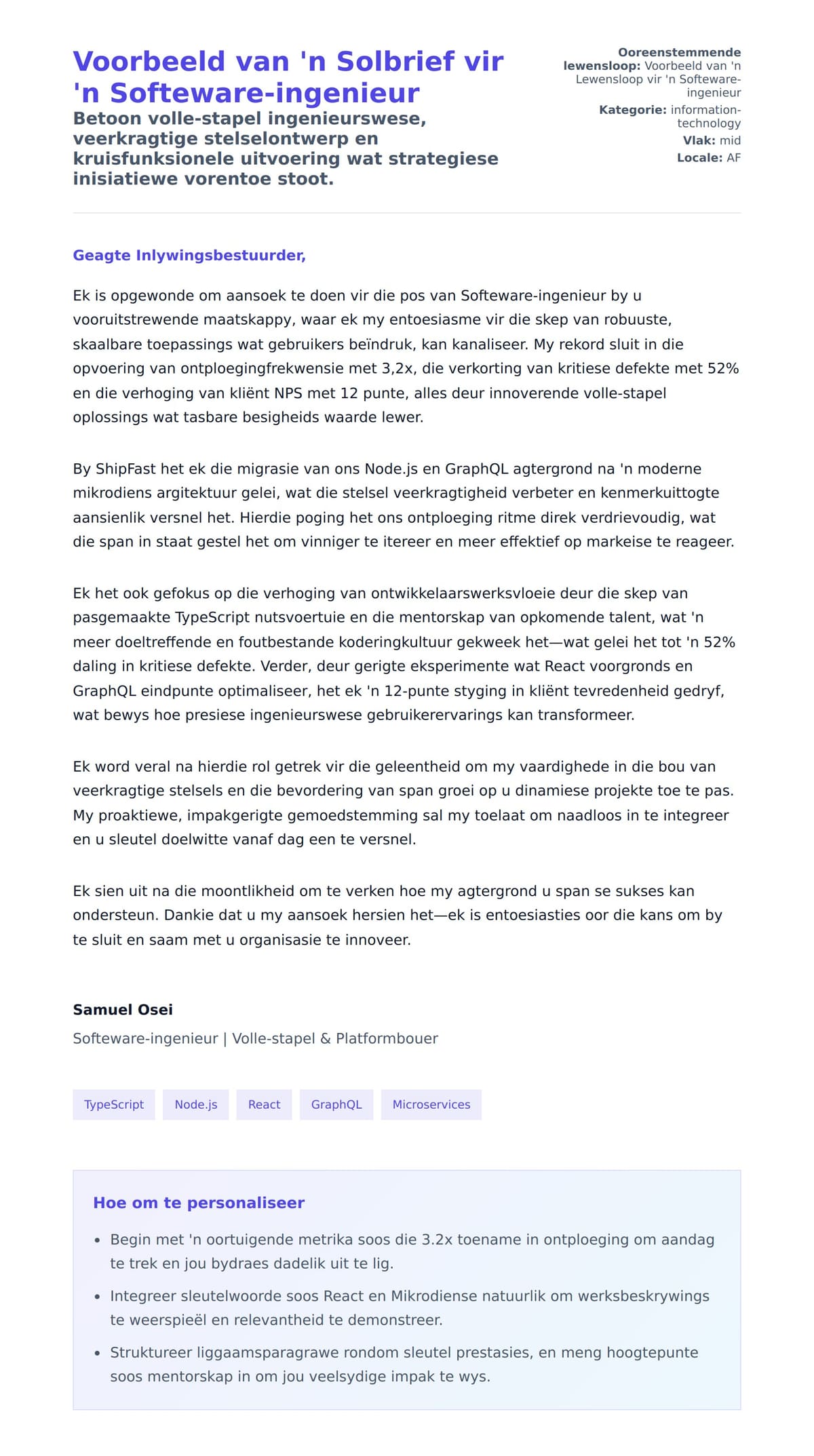 Solbrief-voorskou vir Voorbeeld van 'n Solbrief vir 'n Softeware-ingenieur