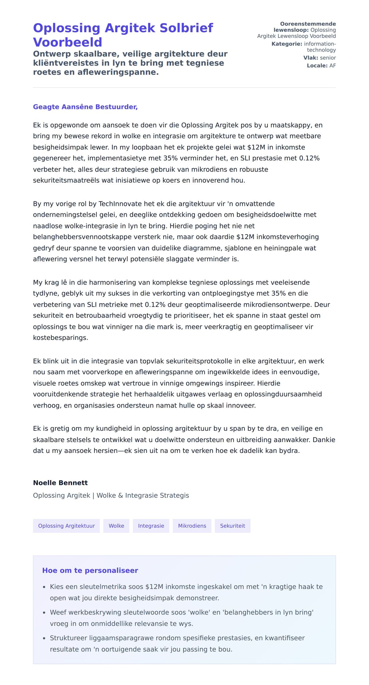 Solbrief-voorskou vir Oplossing Argitek Solbrief Voorbeeld