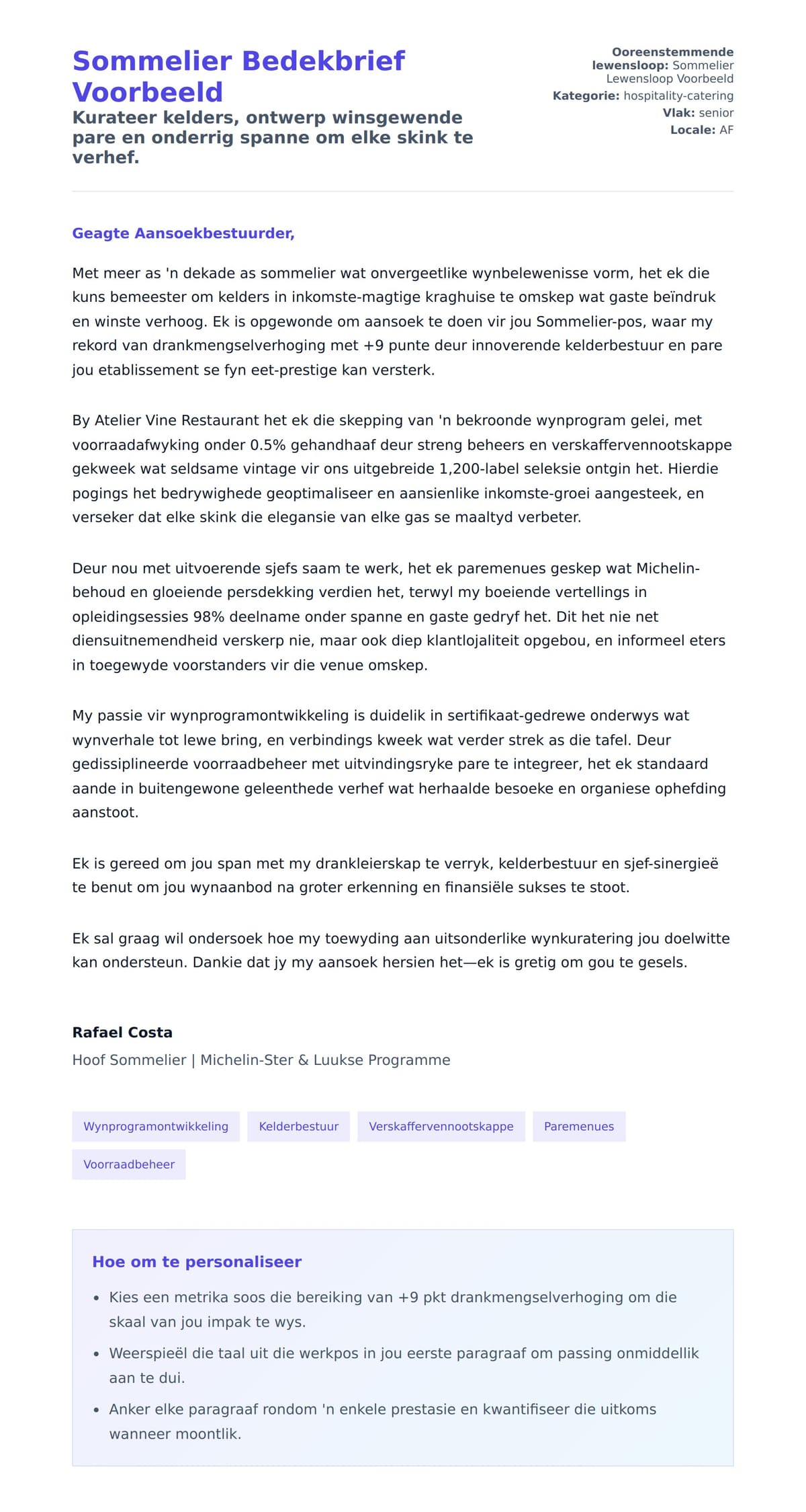 Solbrief-voorskou vir Sommelier Bedekbrief Voorbeeld