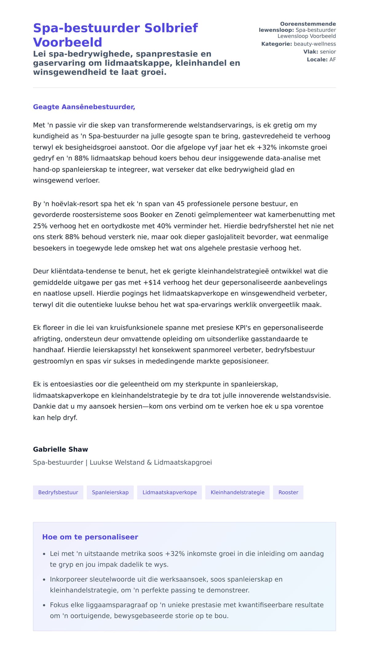 Solbrief-voorskou vir Spa-bestuurder Solbrief Voorbeeld