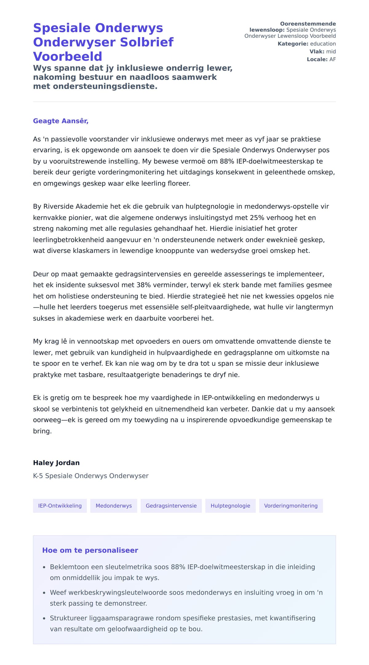 Solbrief-voorskou vir Spesiale Onderwys Onderwyser Solbrief Voorbeeld