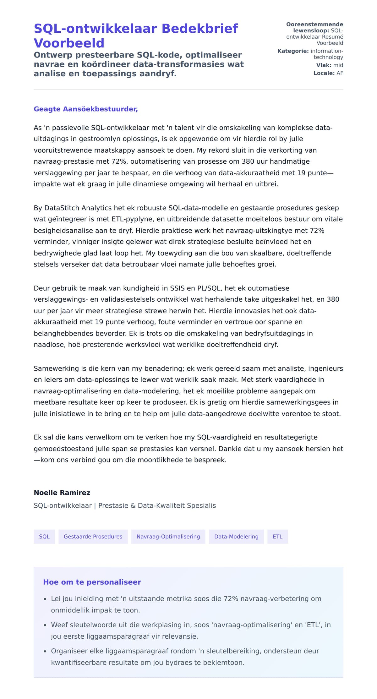 Solbrief-voorskou vir SQL-ontwikkelaar Bedekbrief Voorbeeld